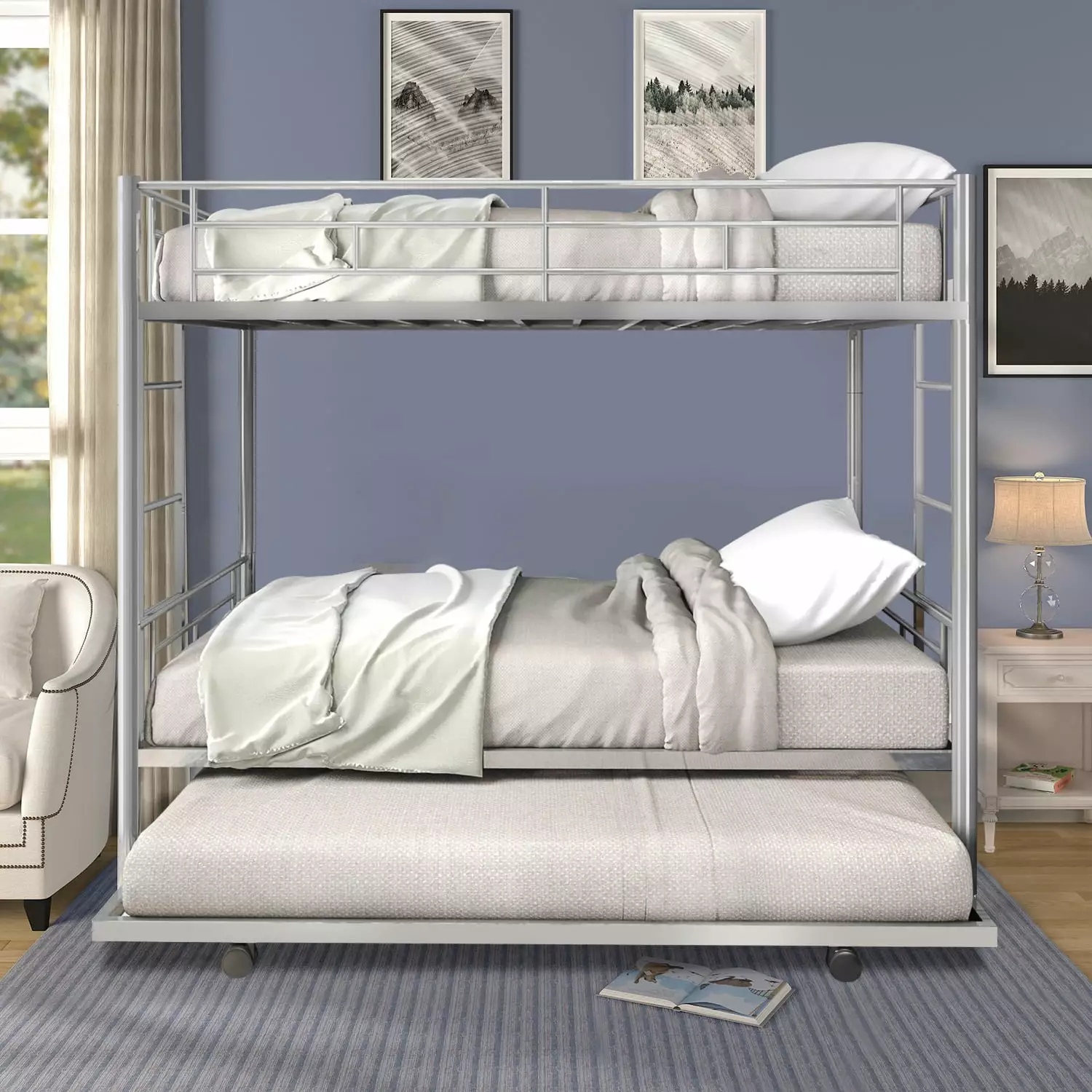 Paproos Metal Bunk Bed Trundle Twin Over Twin Heavy Duty Frame 2 Ladders Guardrails No Box Spring Silver