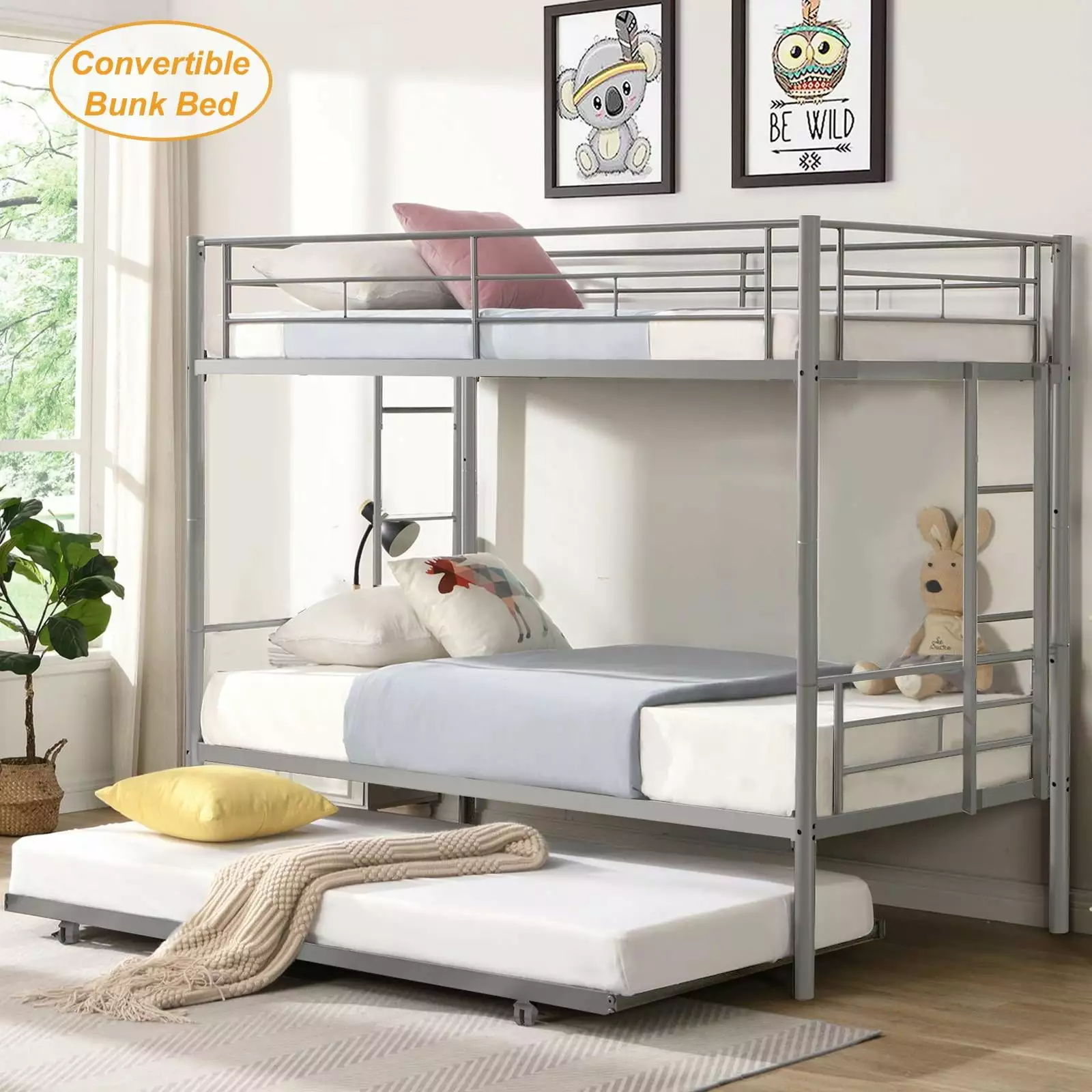 Paproos Twin Over Twin Metal Bunk Beds Trundle Convertible to 3 Beds 350lbs Capacity Silver