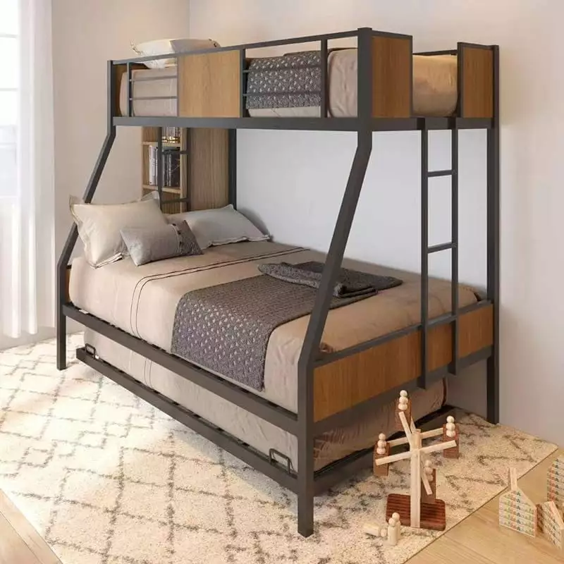 Parmtty Twin Over Full Bunk Beds Trundle Bed Heavy Duty Metal Bed Frame Protectty Rail 2 Side Ladders Boys Girls Adults No...