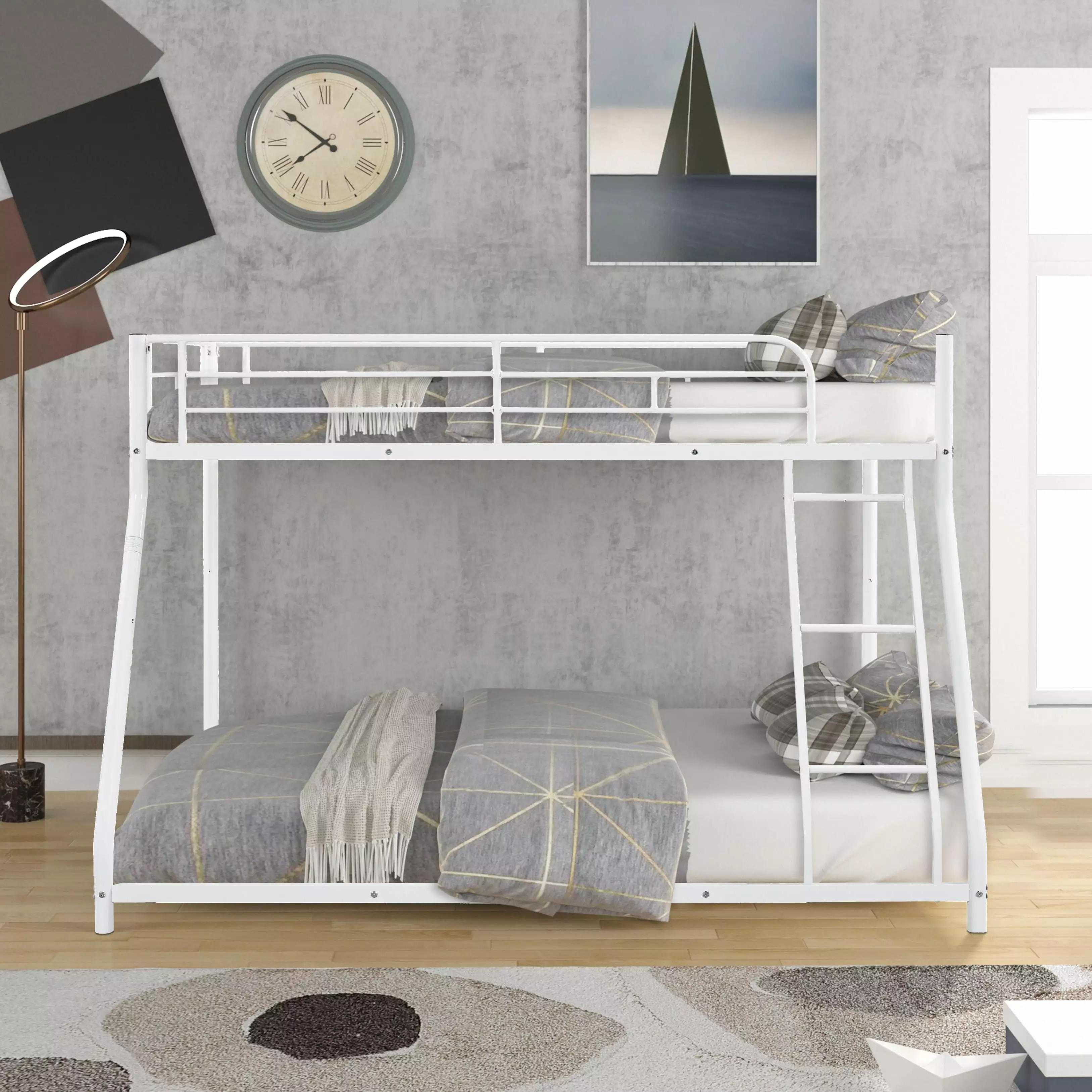 SESSLIFE Metal Bunk Bed Twin Over Full Bunk Bed Frame Ladder Space-Saving Heavy-Duty Metal Bunk Bed Kids Teens Adults White