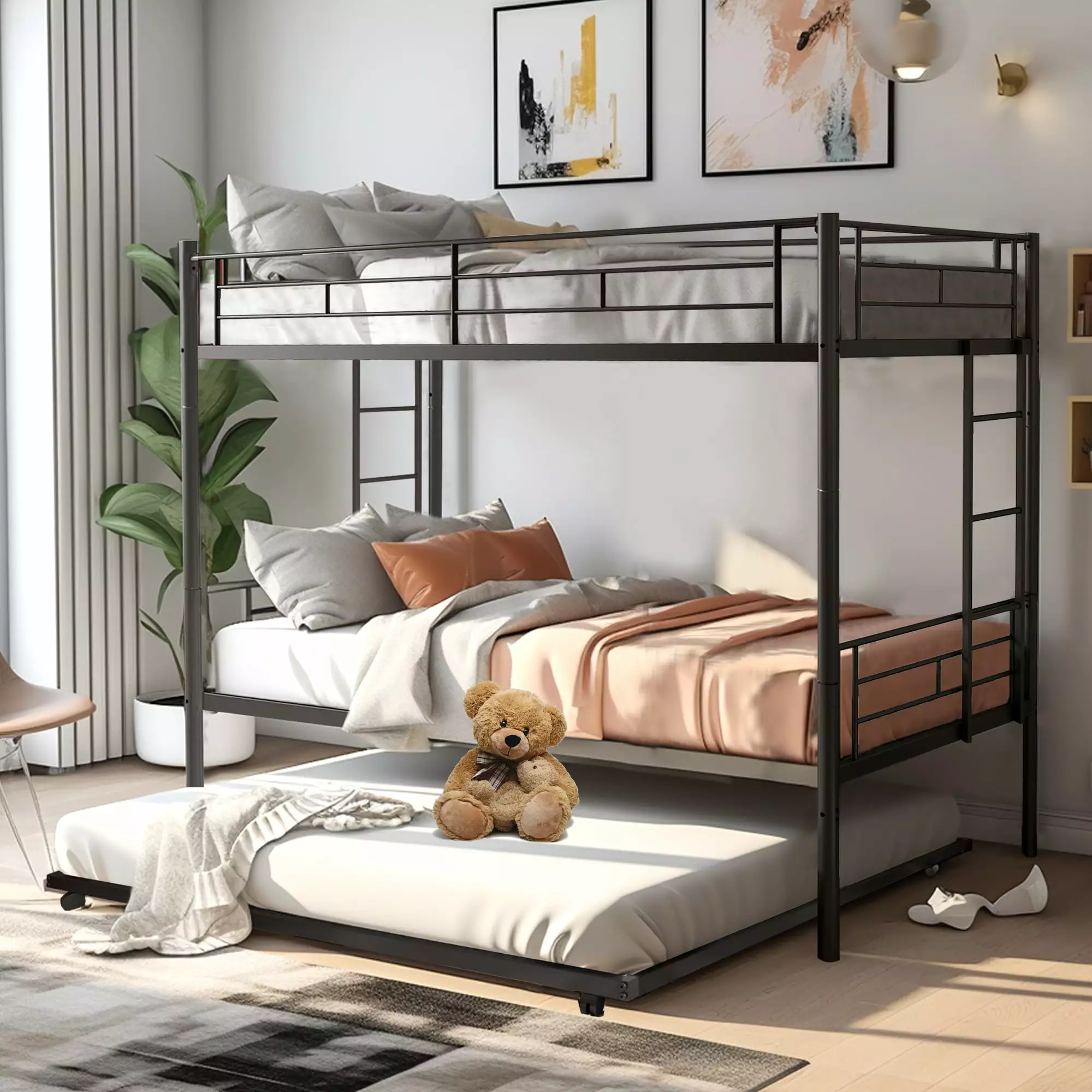 Twin Bunk Bed Trundle, Convertible to 3 Twin Beds, Black Metal Frame Sesslife