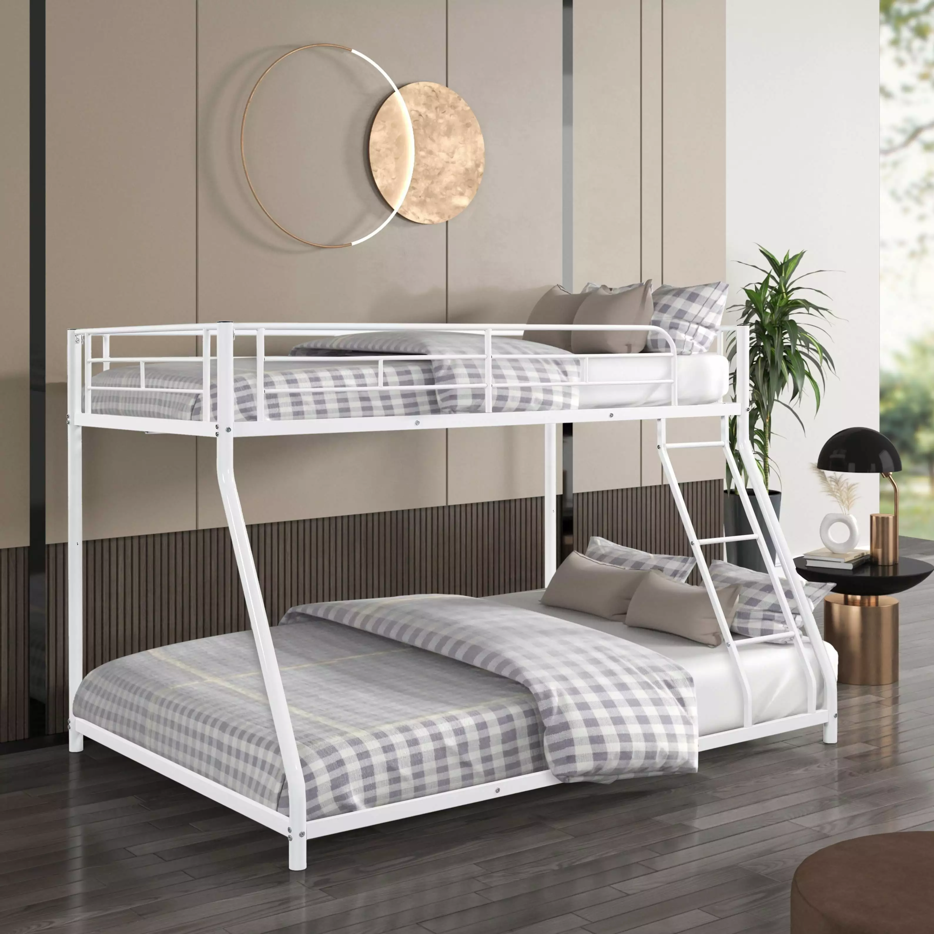 SEVENTH Twin Over Full Metal Chic Bunk Bed Frame Ladders Heavy-Duty Space Saving White