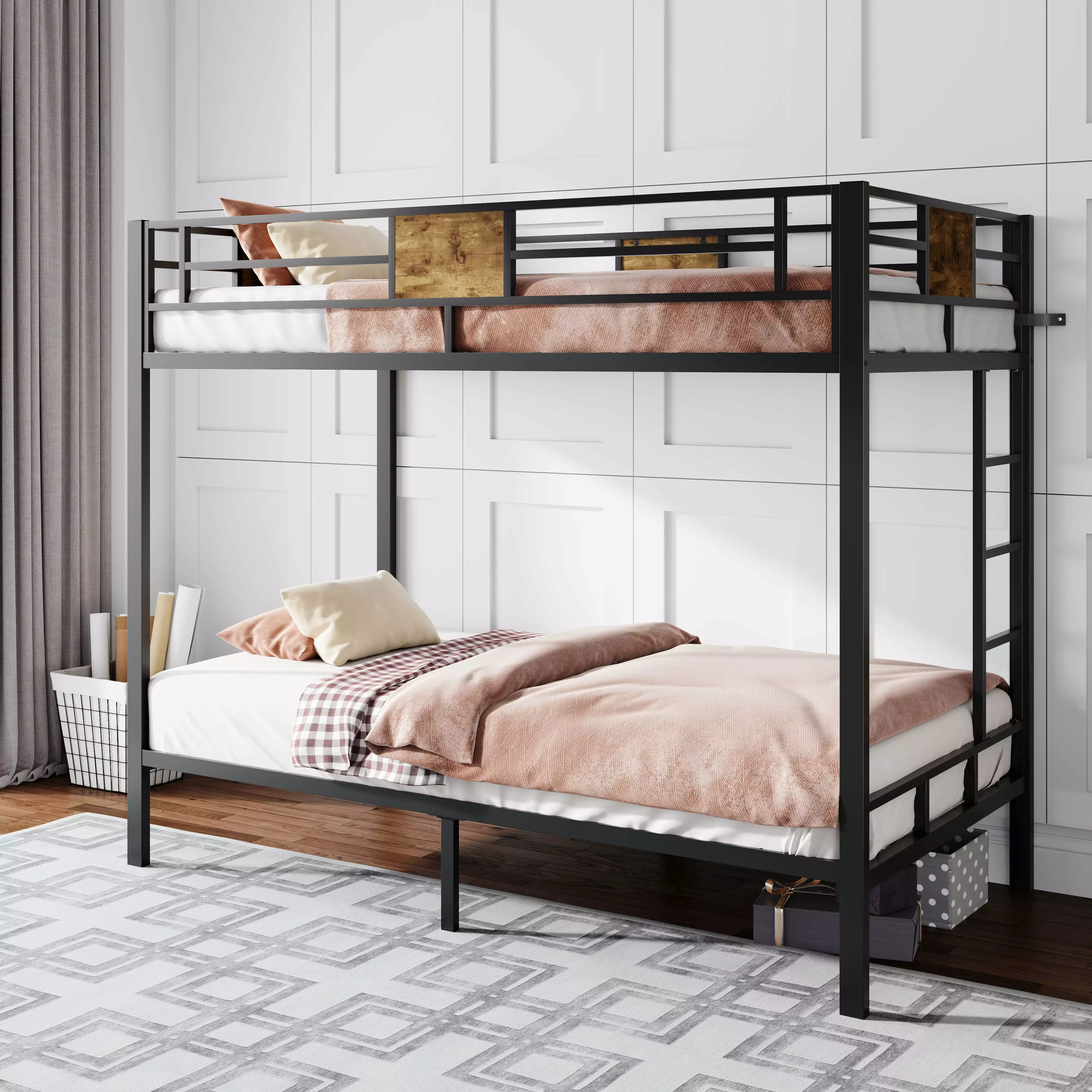 Sha Cerlin Black Metal Bunk Bed Twin over Twin Stairs and Full-Length Guardrail Adults and Kids