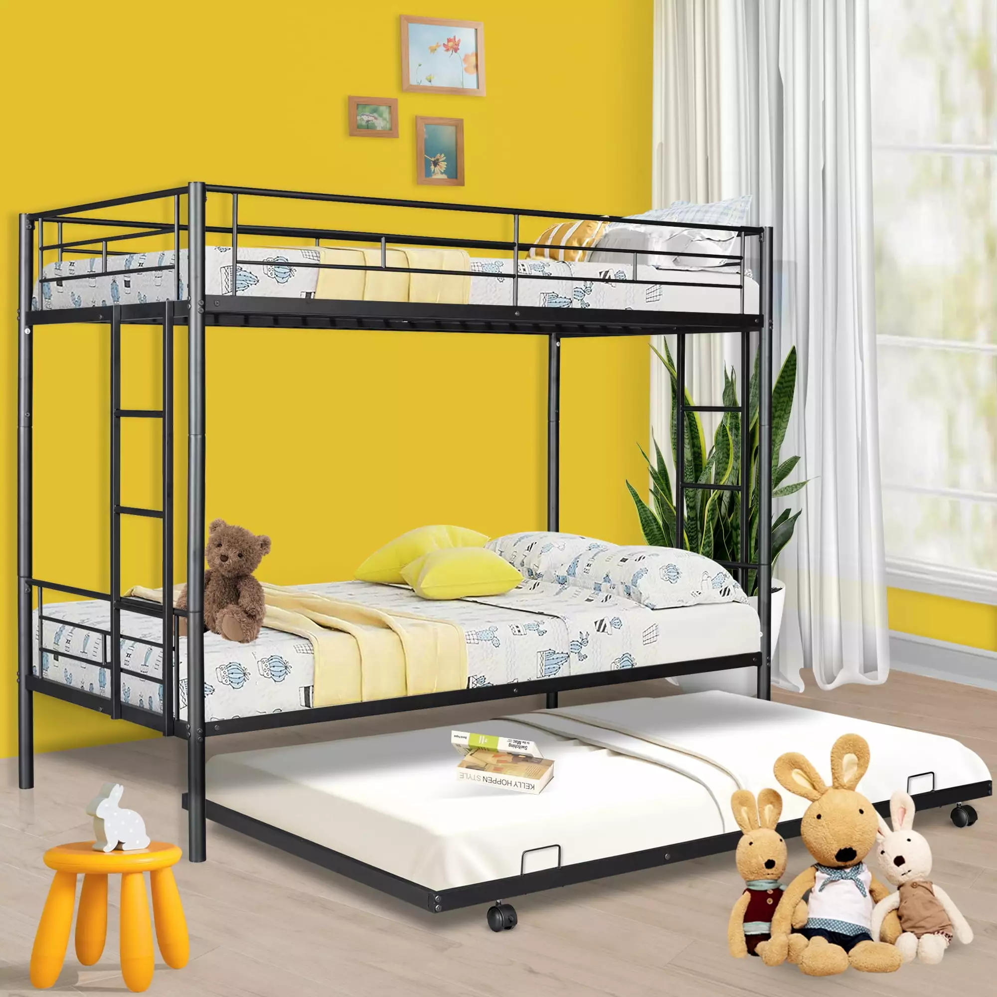 SYNGAR Twin over Twin Bunk Bed Trundle, Convertible to 3 Single Beds, Black