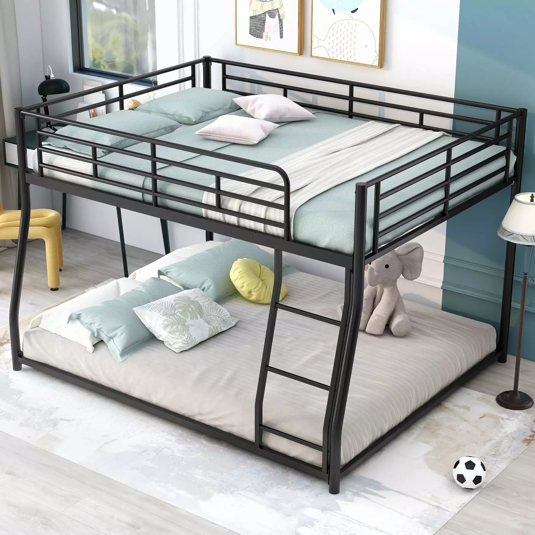 Full XL Over Queen Metal Bunk Bed Floor Bunk Bed Ladders Protectty Guardrail Kids Teens Adults No Box Spring Needed Black ...
