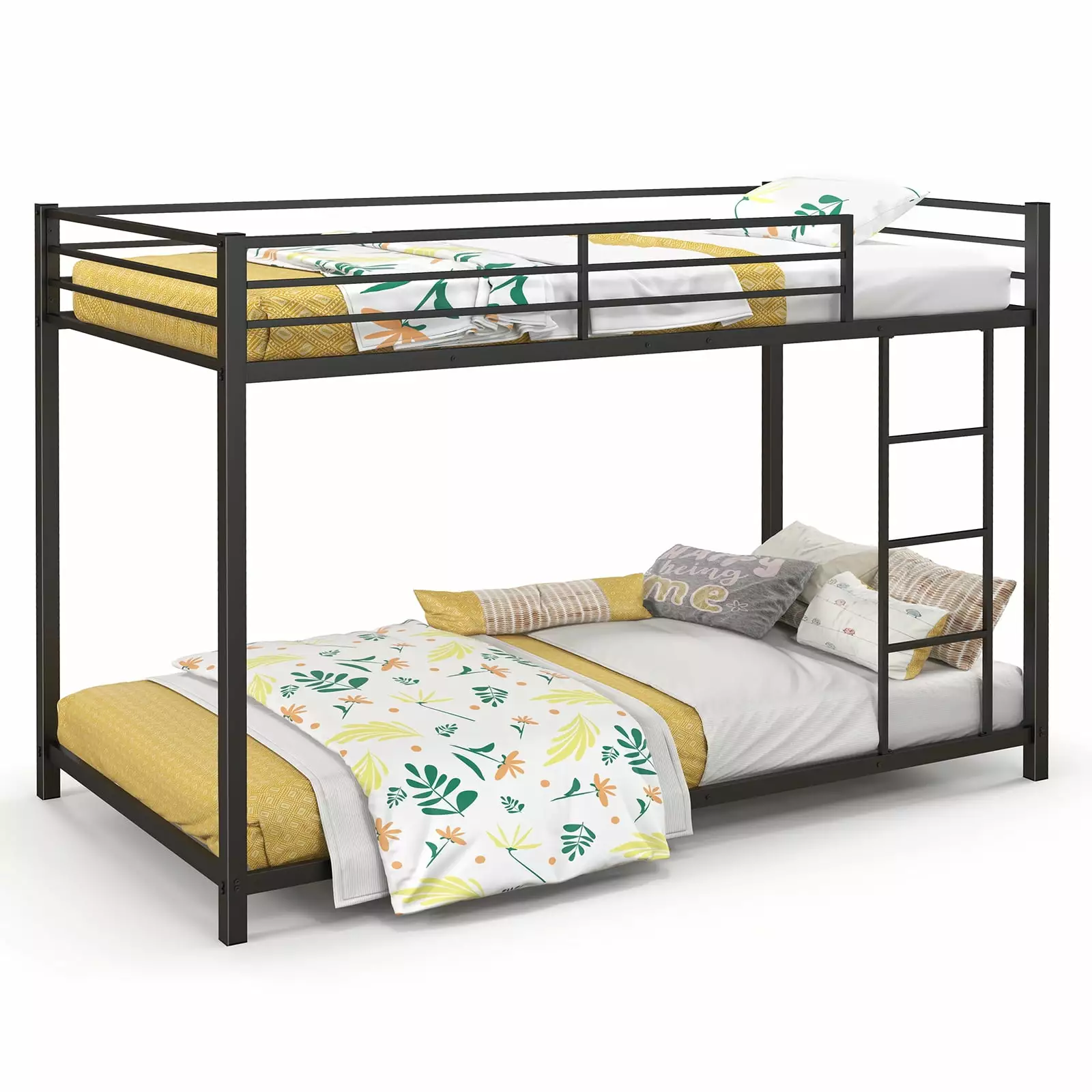 Topbuy Metal Bunk Bed Twin over Twin Low-Profile Bunk Bed Frame Full Length Guardrail Ladder Space-saving Twin Size Bed Black