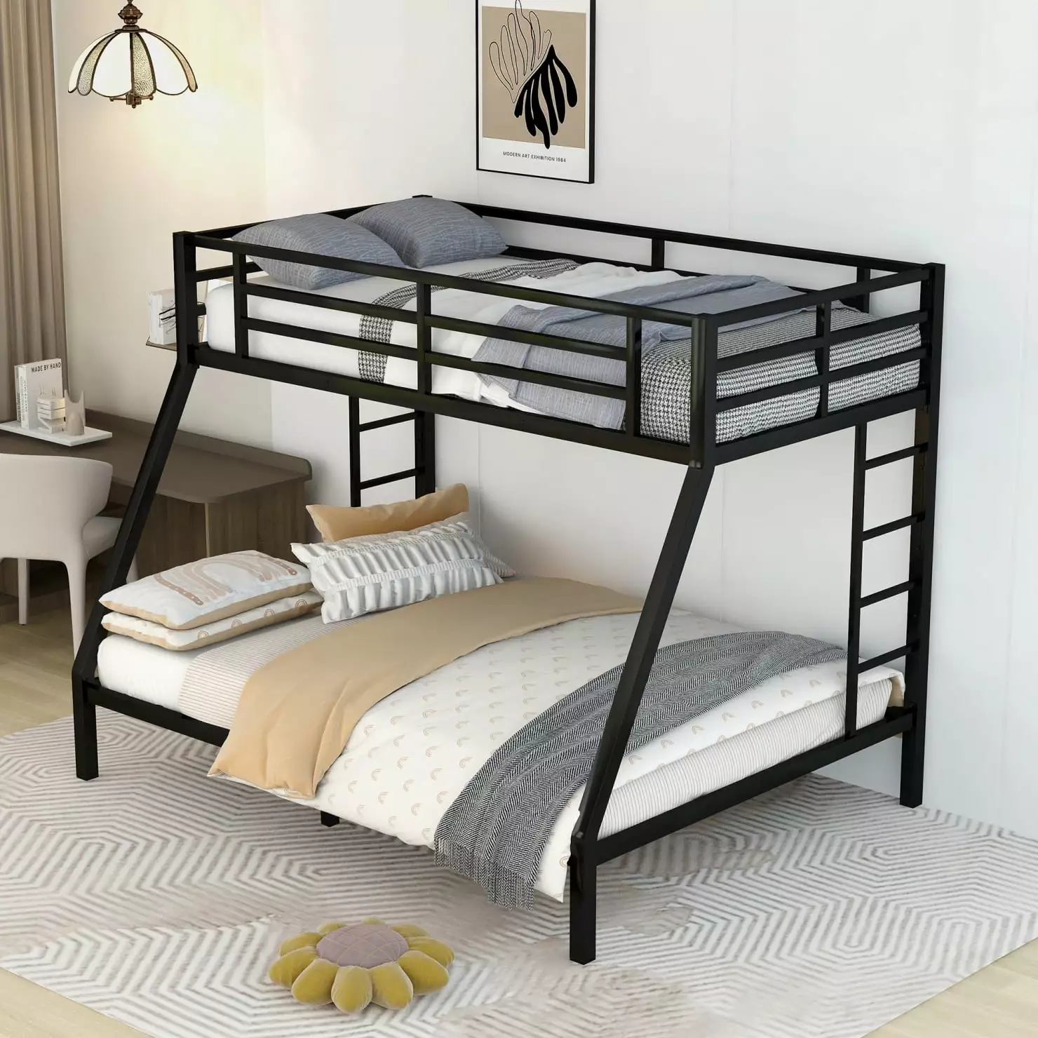 Bunk Bed Twin XL Over Queen Size 12 High Guardrail & 4 Steps - Built- 9 Under Bed Storage - Heavy Duty Metal Bunk Bed Blac...