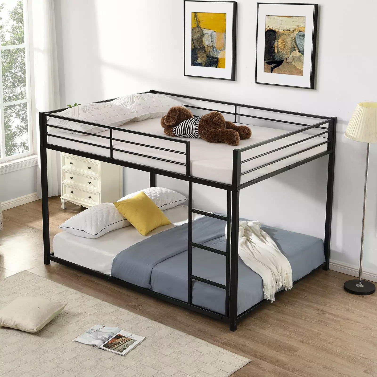 Full over Full Metal Bunk Bed Ladder Full Length Guardrail Low Bunk Bed Frame Kids Teens Adults Space Saving No Box Spring...