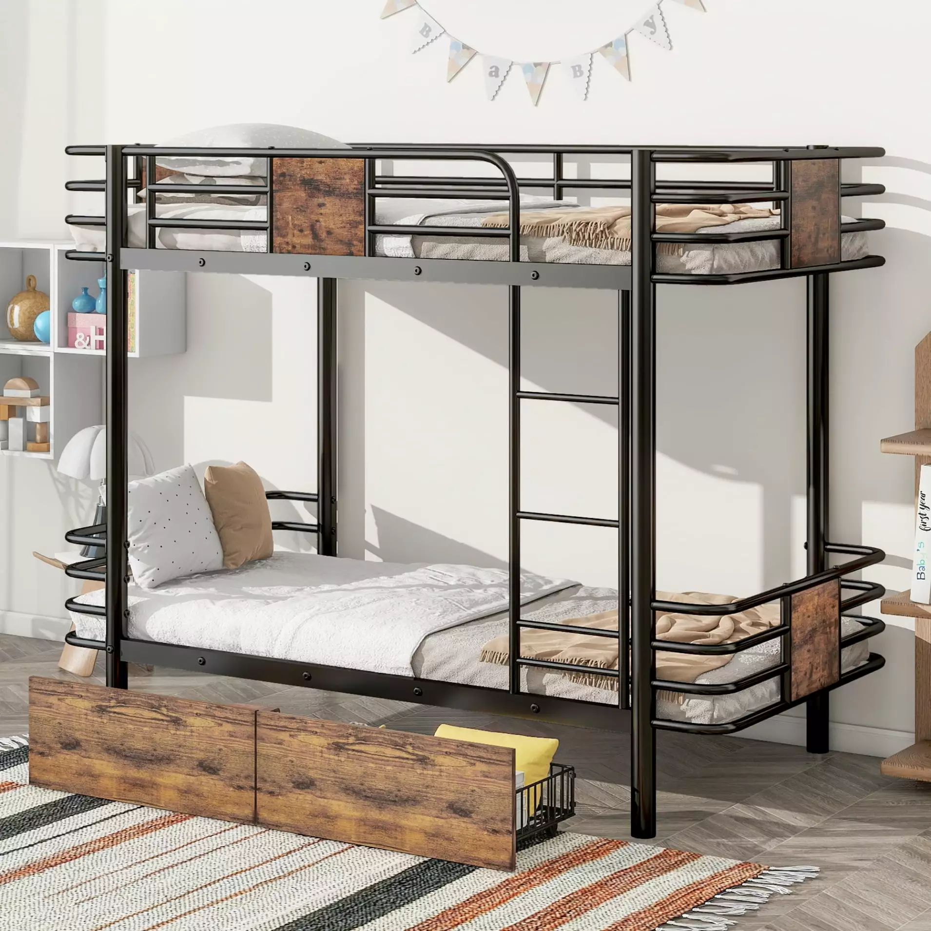Metal Bunk Bed Twin XL Over Twin XL 2 Storage Drawers and MDF Board Guardrail - Bunk Bed Kids, Teens - Black Triple Tree