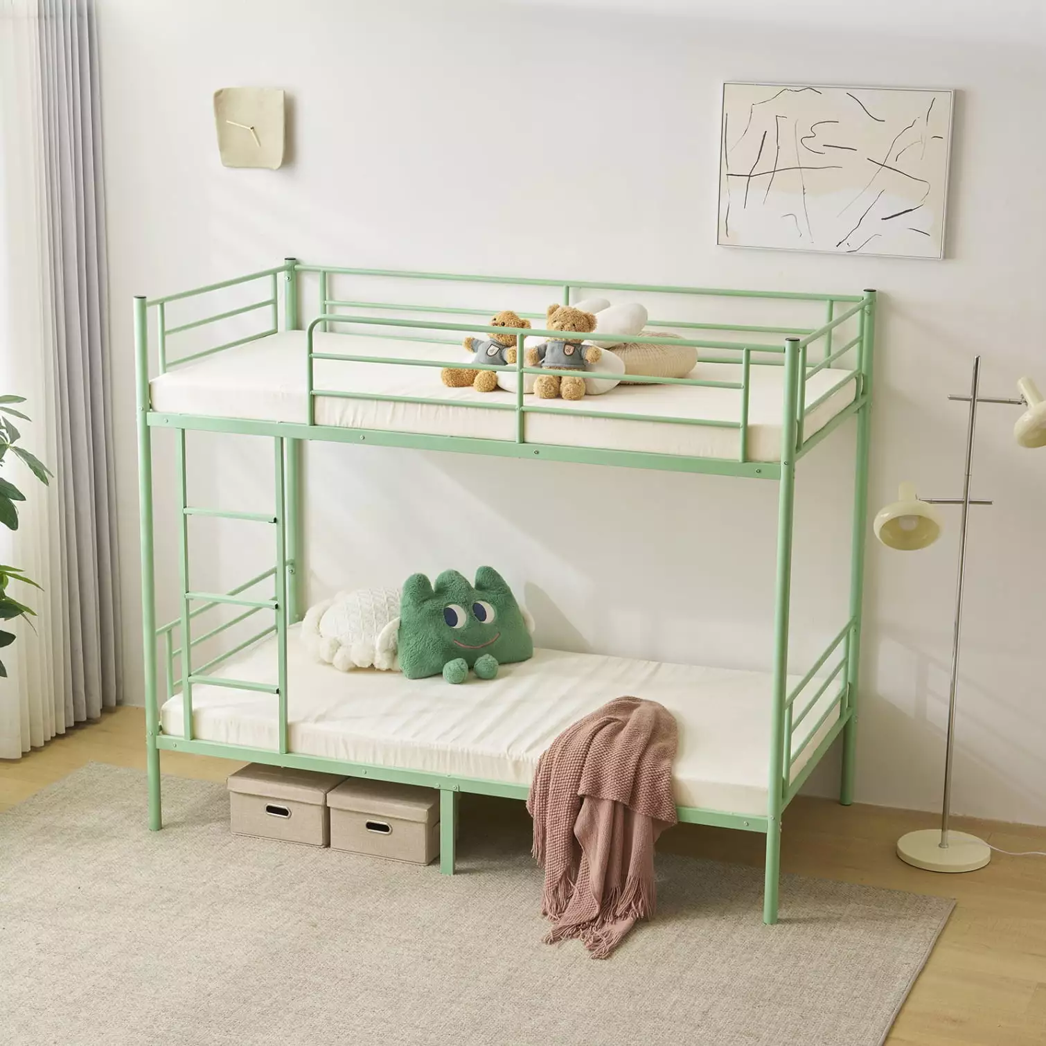 Metal Bunk Bed Twin Over Twin Heavy Duty Frame Ladder and Guardrails Kids Teens Adults Cyan Triple Tree