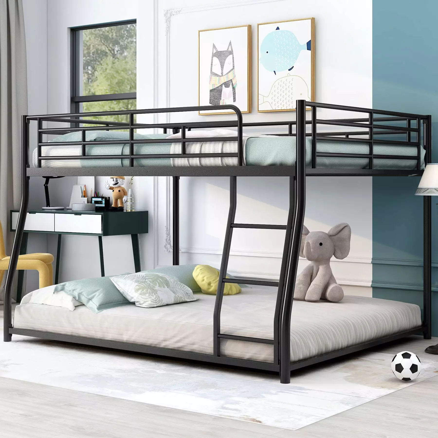 Modern Full XL over Queen Metal Bunk Bed - Chic Floor Bunk Bed Steel Frame and Sloping Stairs - Black Triple Tree