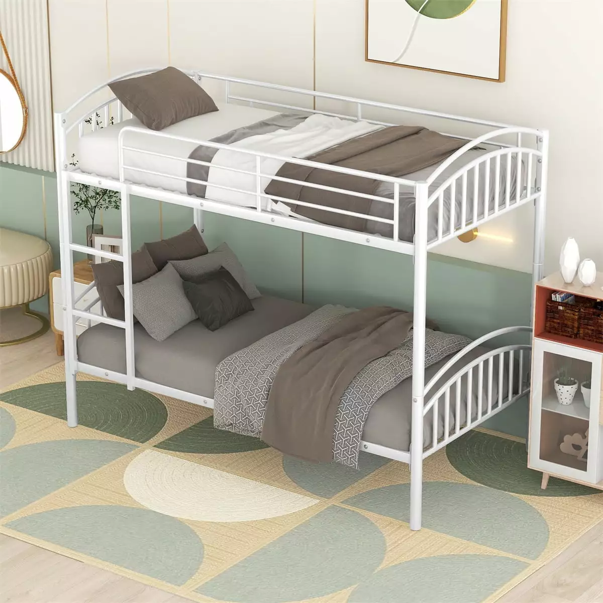 Twin Over Twin Bunk Bed Metal Bunk Bed Frame Ladder and Protectty Guardrails Kids Teens Adults Triple Tree