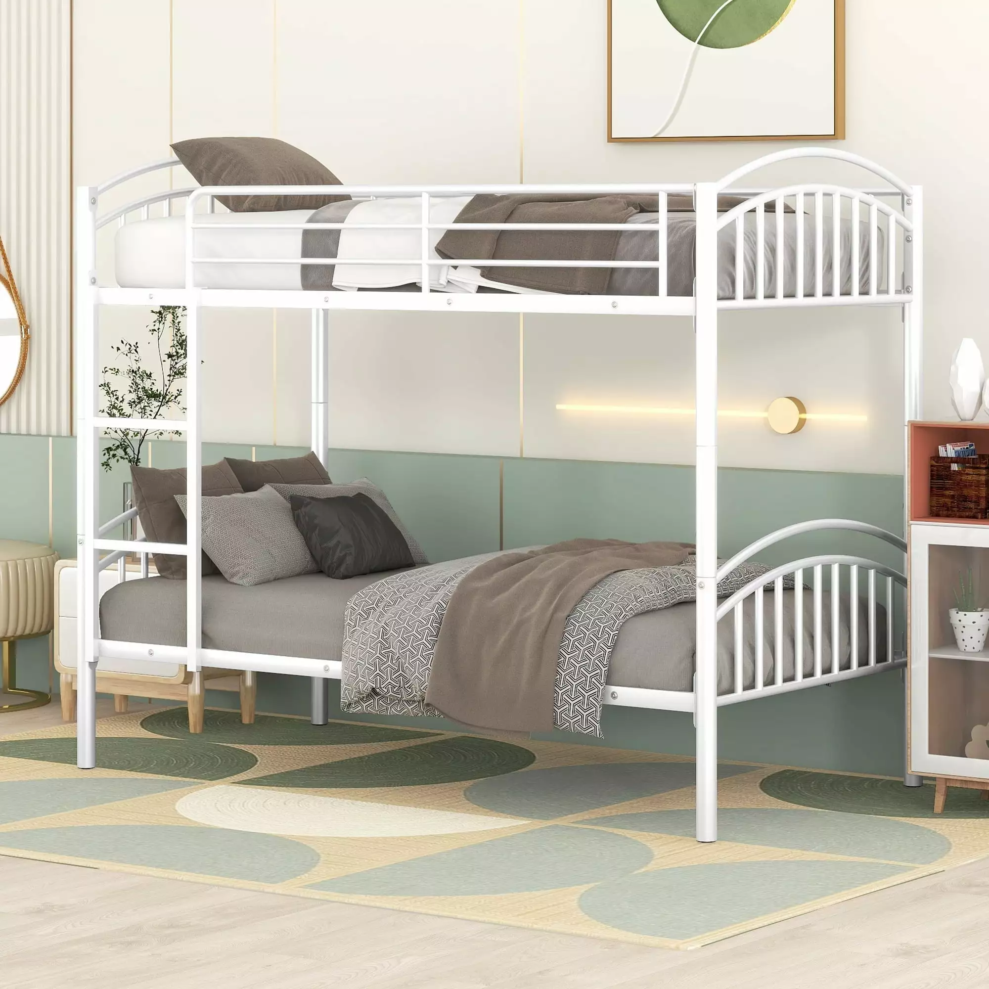 uhomepro White Twin Over Twin Metal Bunk Beds Guardrails and Ladder