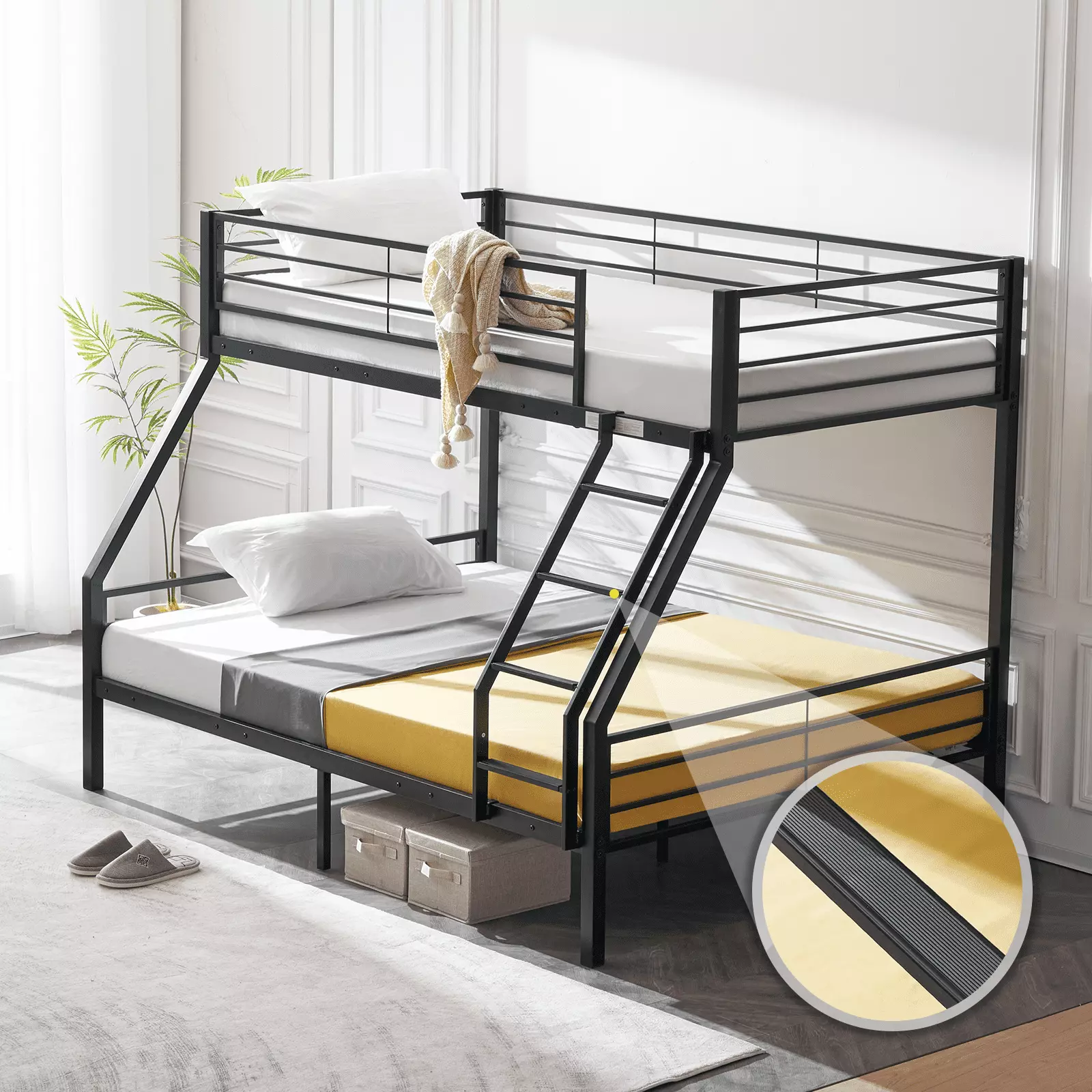 VINGLI Bunk Bed Twin Over Full - Sturdy Metal Bed Frame Flat Ladder and Guardrail Adults and Kids - Black