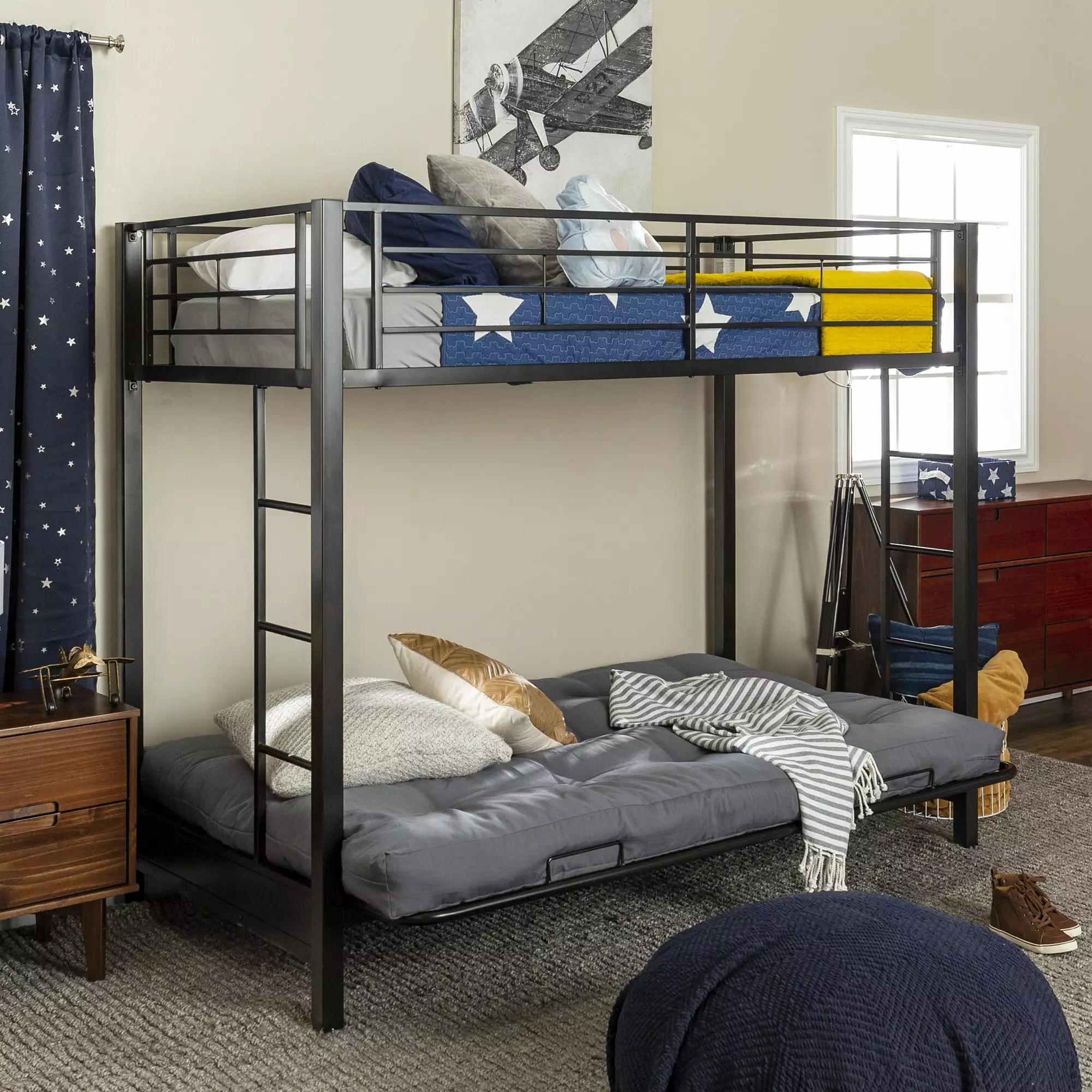 Walker Edison Luxury Metal Twin Over Futon Bunk Bed - Black - Mattresses Not Included