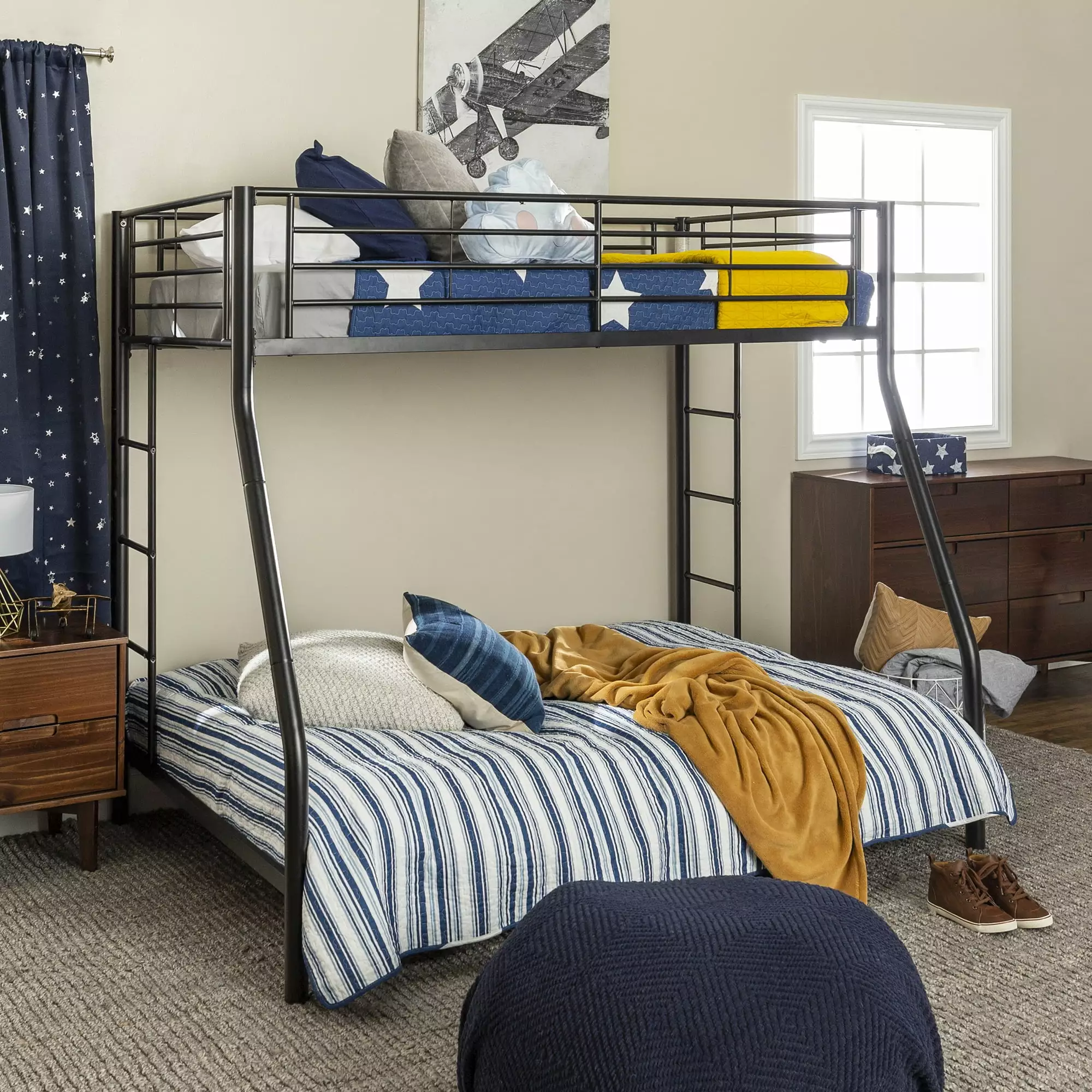 Walker Edison Luxury Twin Over Full Metal Bunk Bed Black