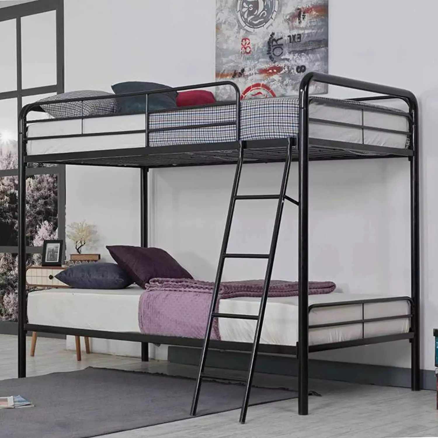 Woodpeckers Furniture And Mattress Twin Over Twin Metal Bunk Bed Black Sturdy Frame Kids and Teens