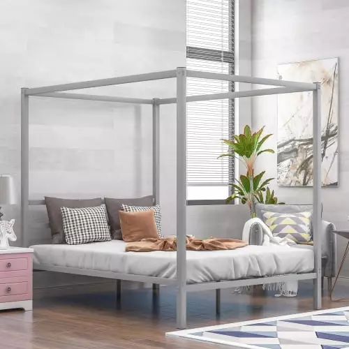 Queen Canopy Bed Frame Metal Four Posters 14 inch Platform Built- Headboard Strong Metal Slat Mattress Support No Box Spri...
