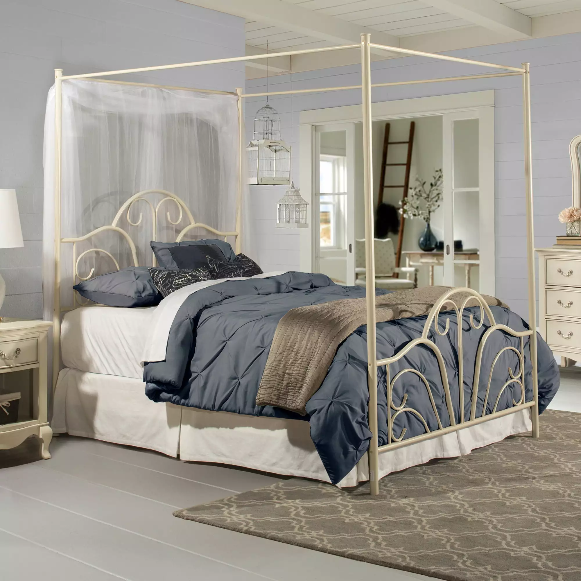 Desert Fields Dover Canopy Metal Queen Bed Bed Frame Cream