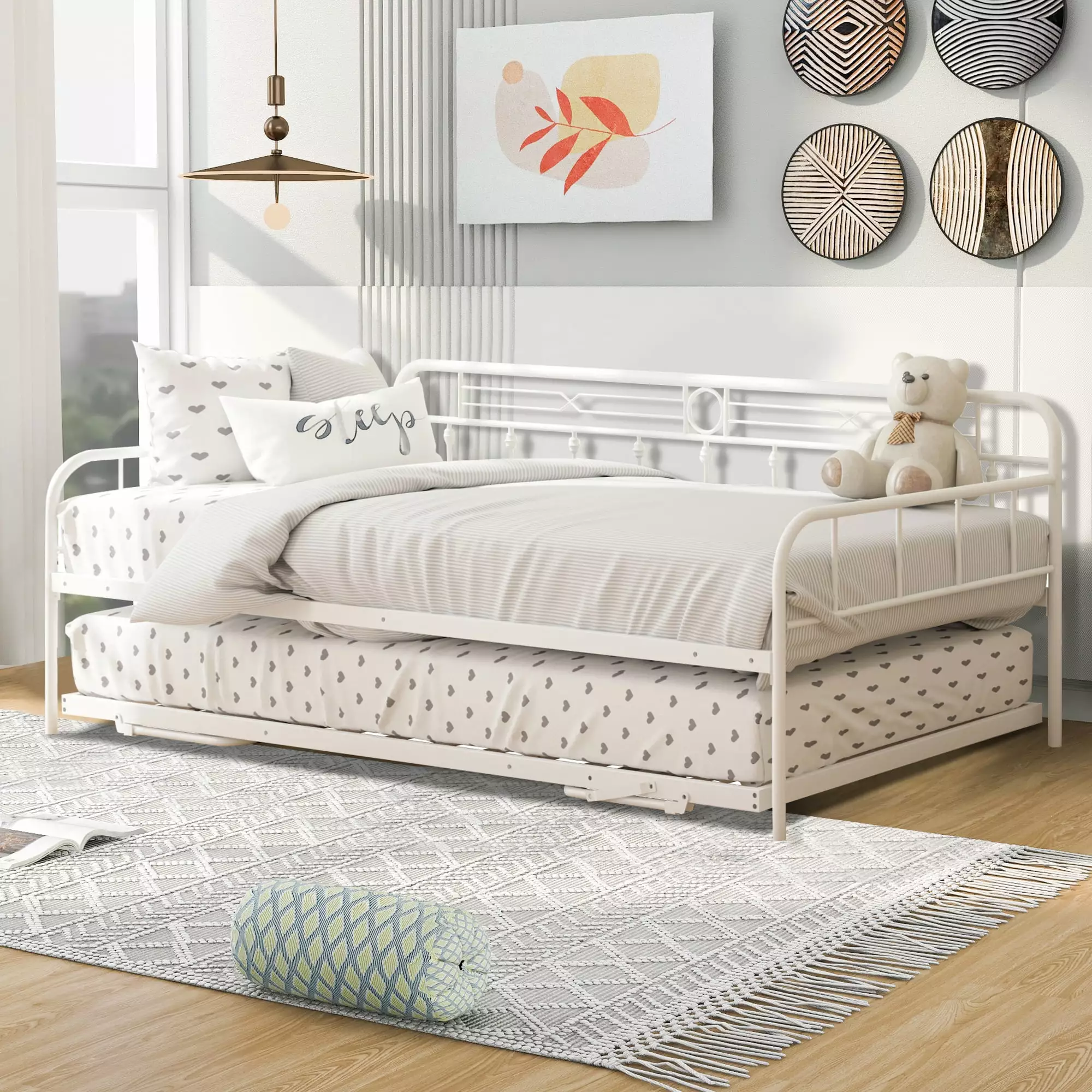 LegaHome Twin Metal Daybed Pop Up Trundle Bed Heavy-Duty Steel Daybed Bedroom Living Room