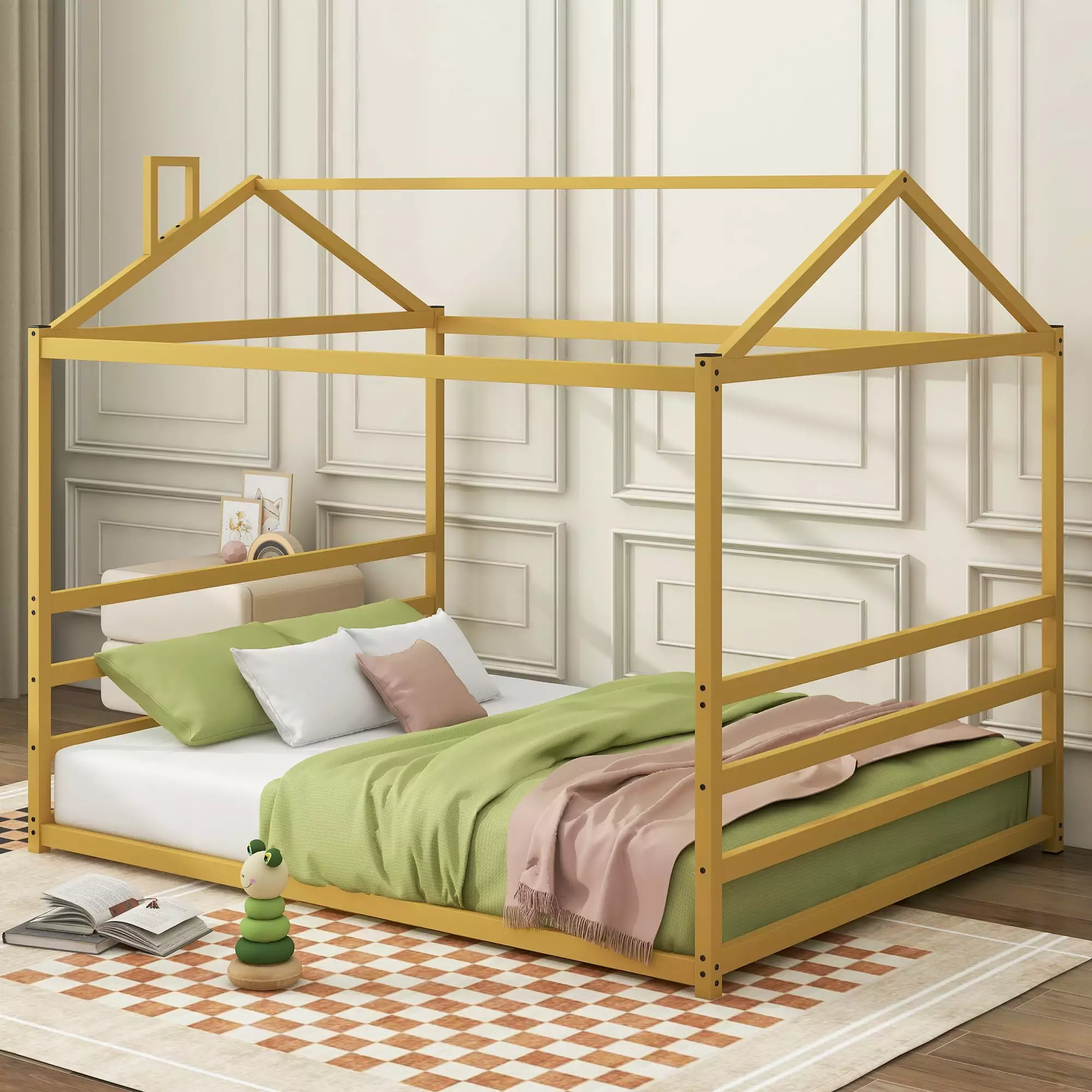 Bellemave Queen Size Metal Montessori Floor Bed Headboard and Footboard Kids Girls Boys Gold
