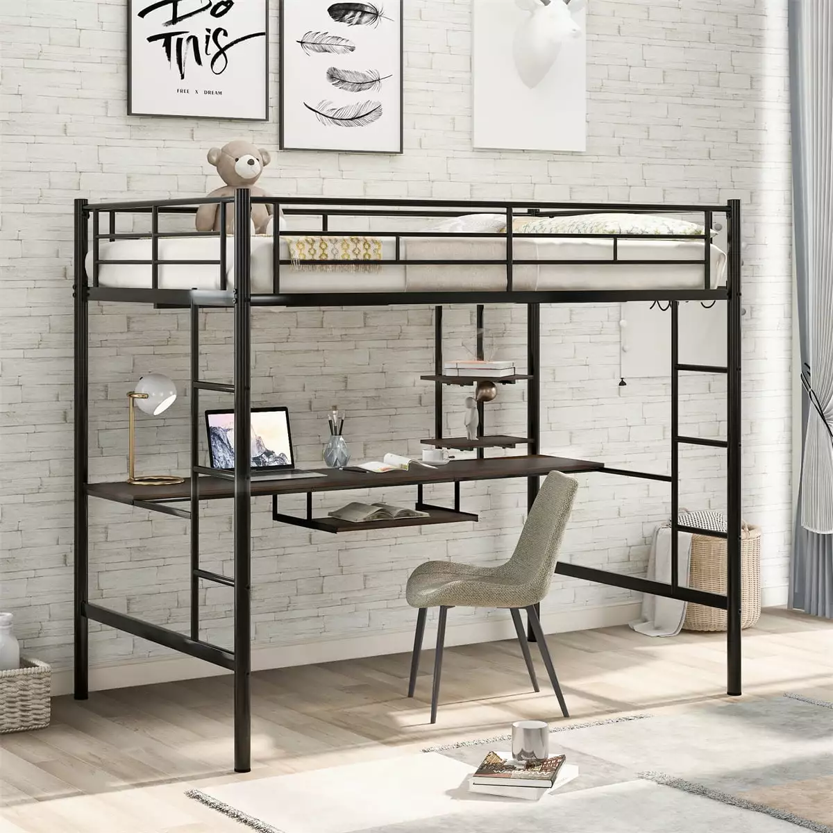 Full Loft Bed Desk and Shelves Teens Metal Loft Bed Frame 2 Ladders and Guardrail Black ARCTICSCORPION