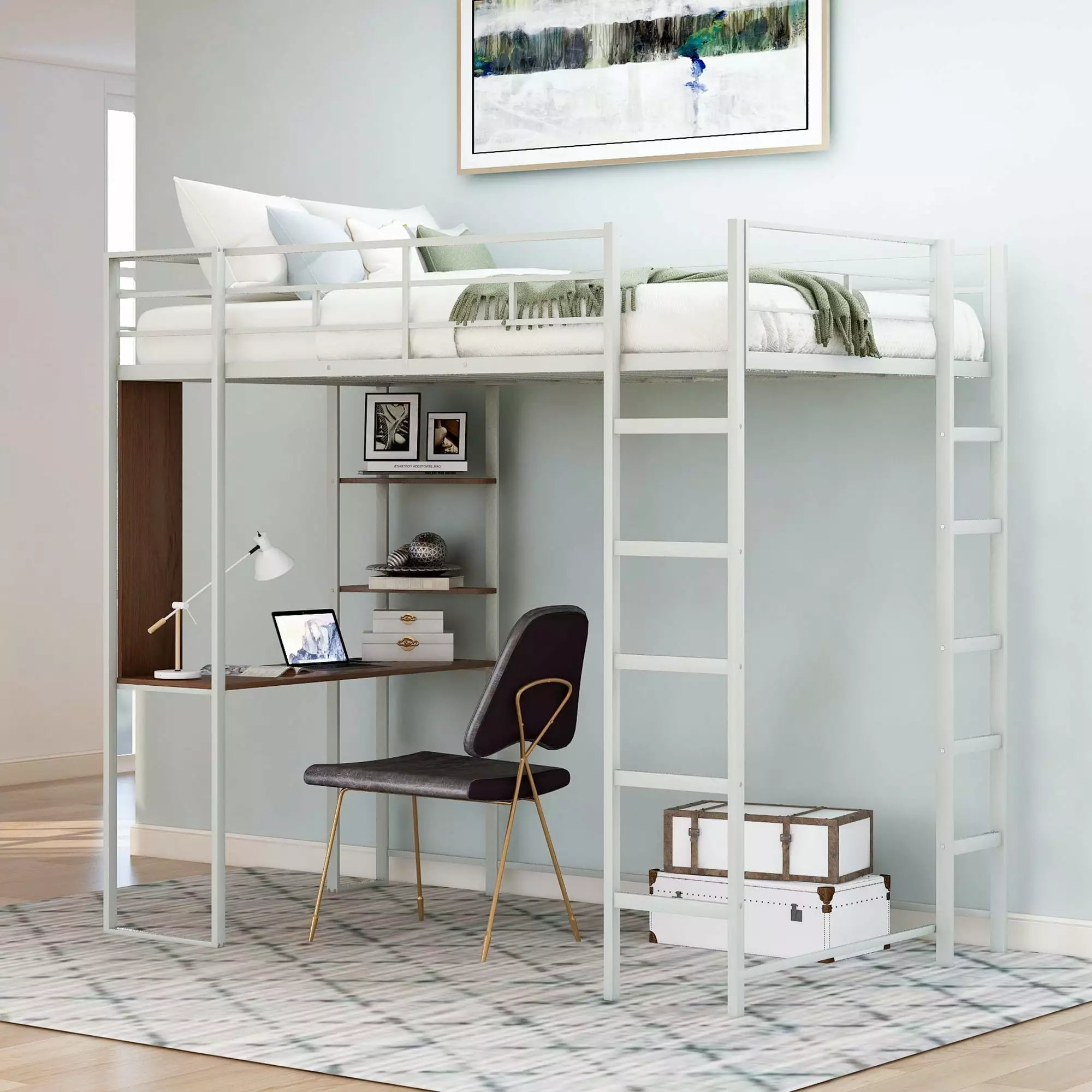 Twin Size Loft Bed Desk Metal Loft Bed Frame 2 Storage Shelves and Full-Length Guardrails ARCTICSCORPION