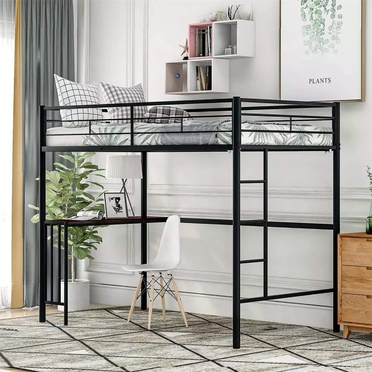 Twin Size Loft Bed Desk Sturdy Metal Frame Guardrails Ladders No Box Spring Needed Black ARCTICSCORPION