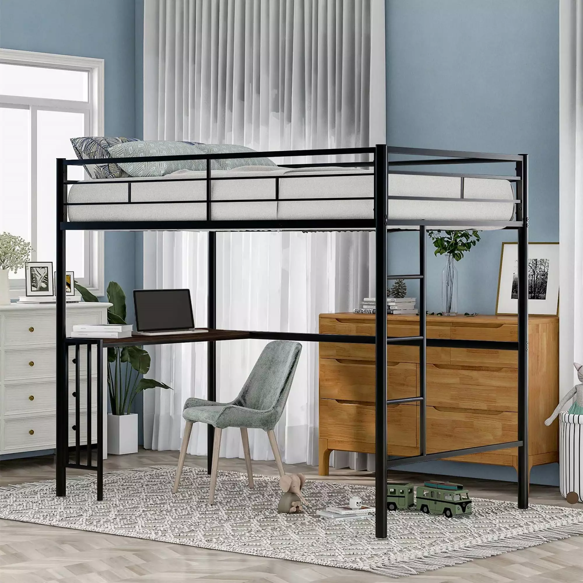 Aukfa Metal Twin Loft Bed Desk Kids Teens Dorm Bedroom Black