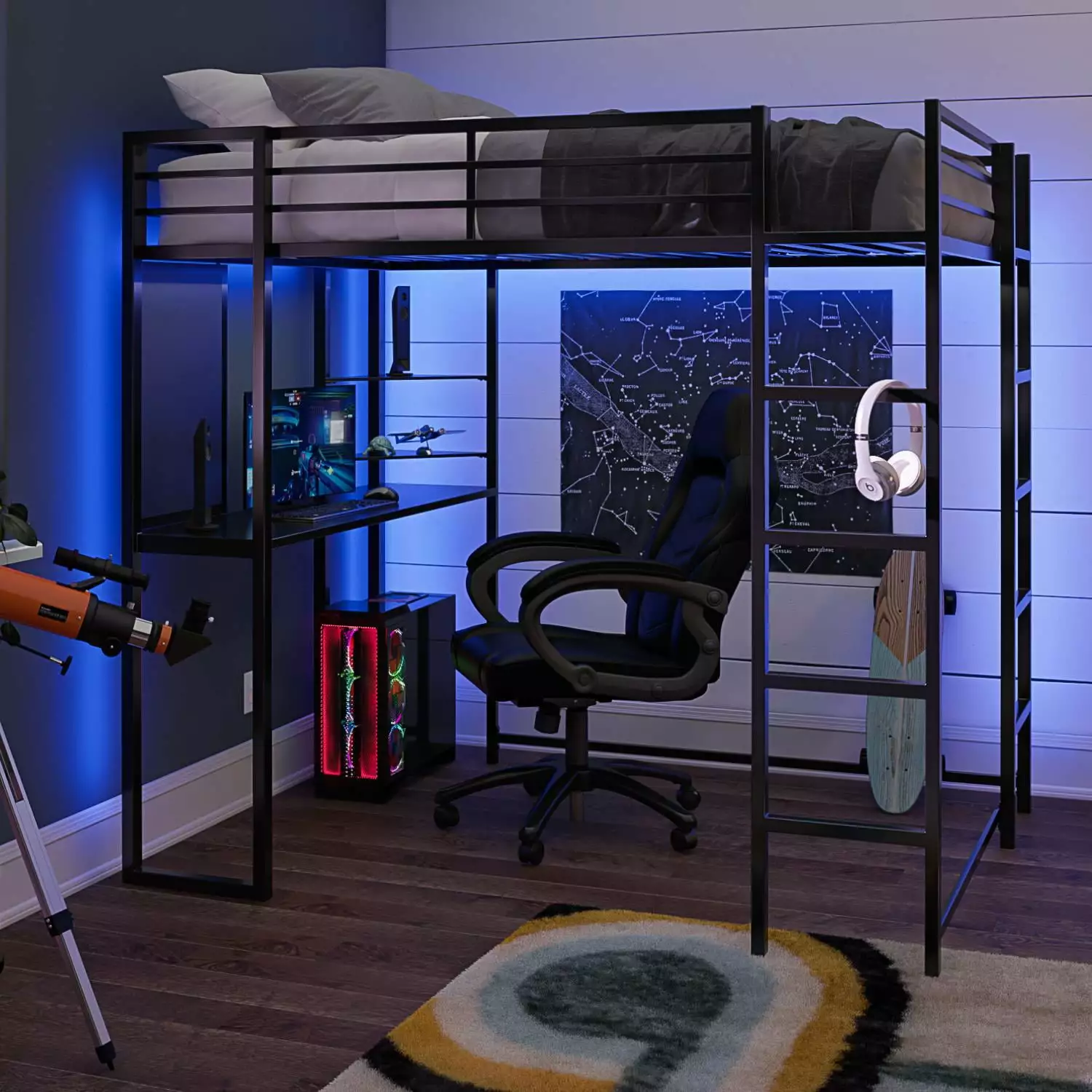 DHP Abode Full Size Metal Loft Bed Black Sturdy Space Saving Bed Frame
