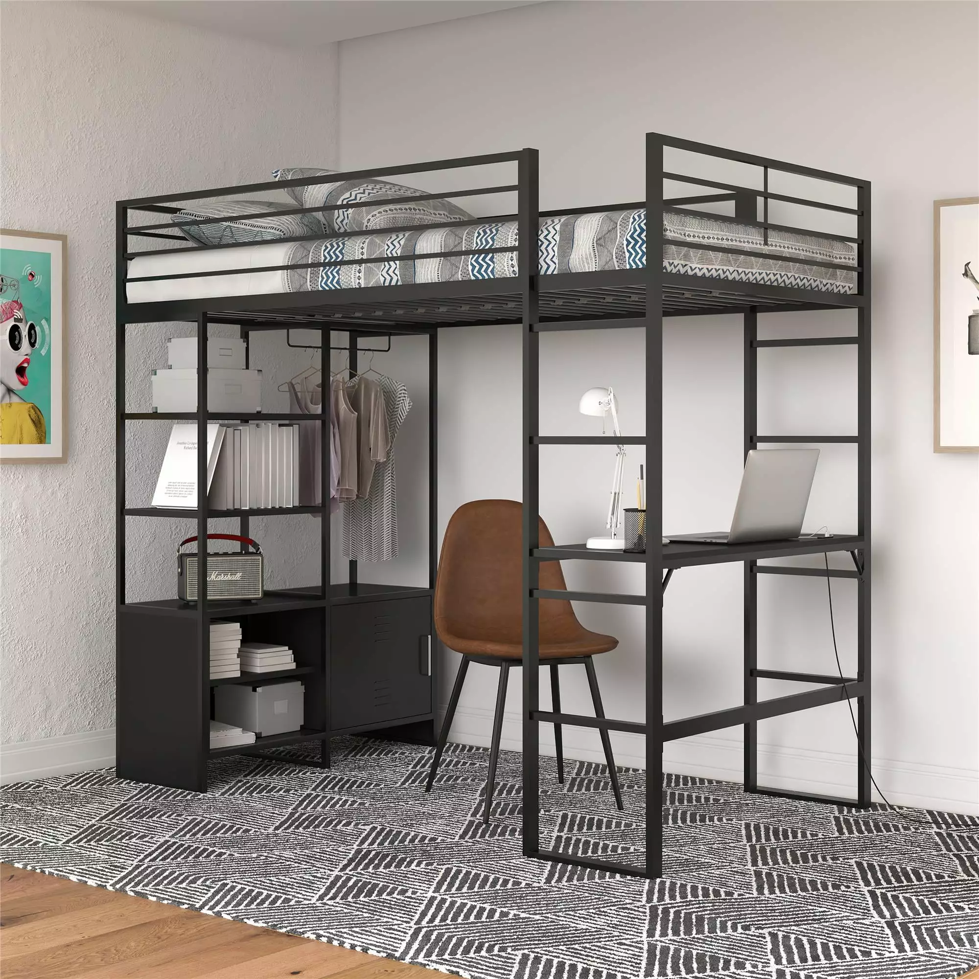 DHP Lanis Metal Storage Loft Bed Desk Shelves Cabinet USB Port Twin Black