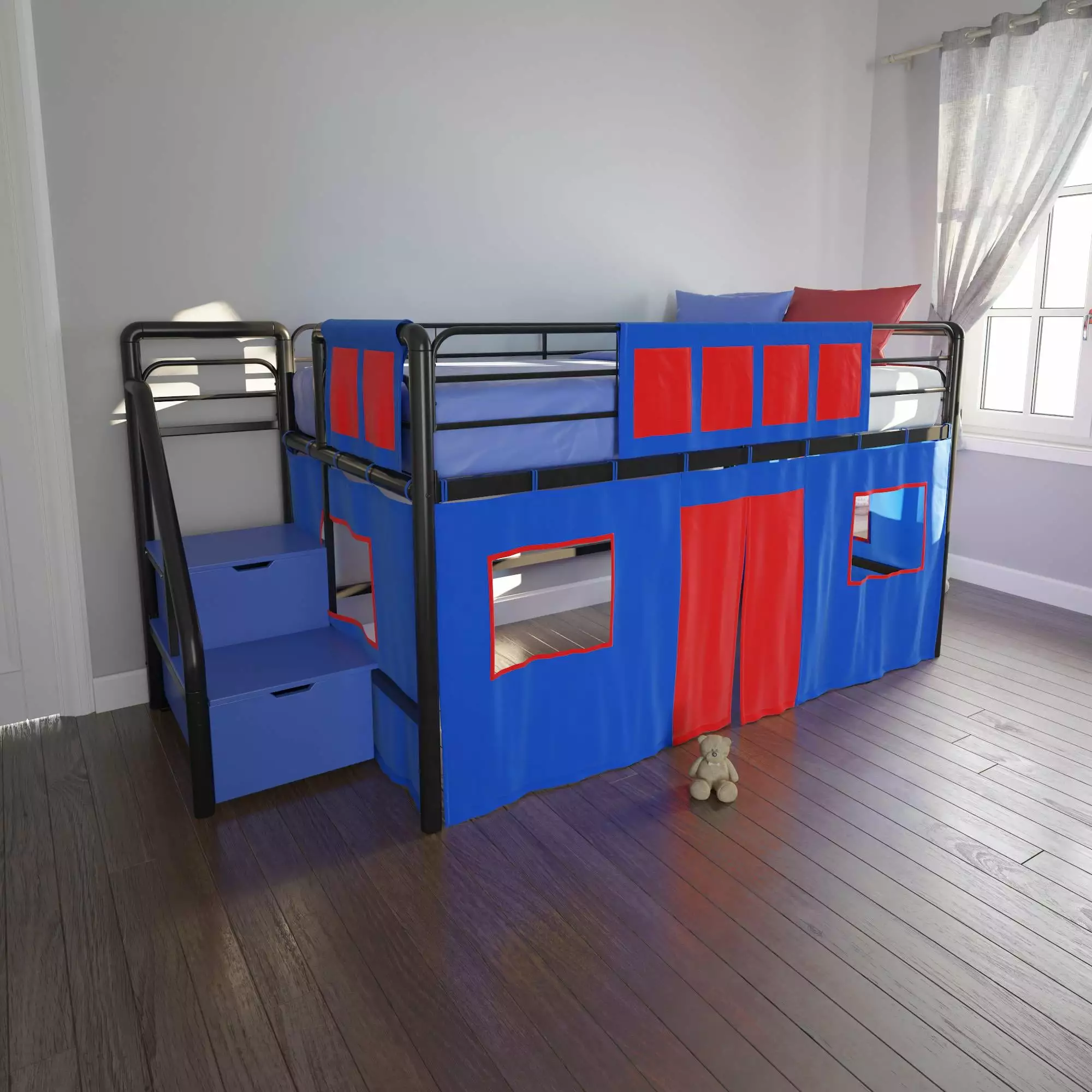 DHP Sol Junior Twin Metal Loft Bed Storage Steps and Blue Curtain Set Black Space Saving Kids Bed
