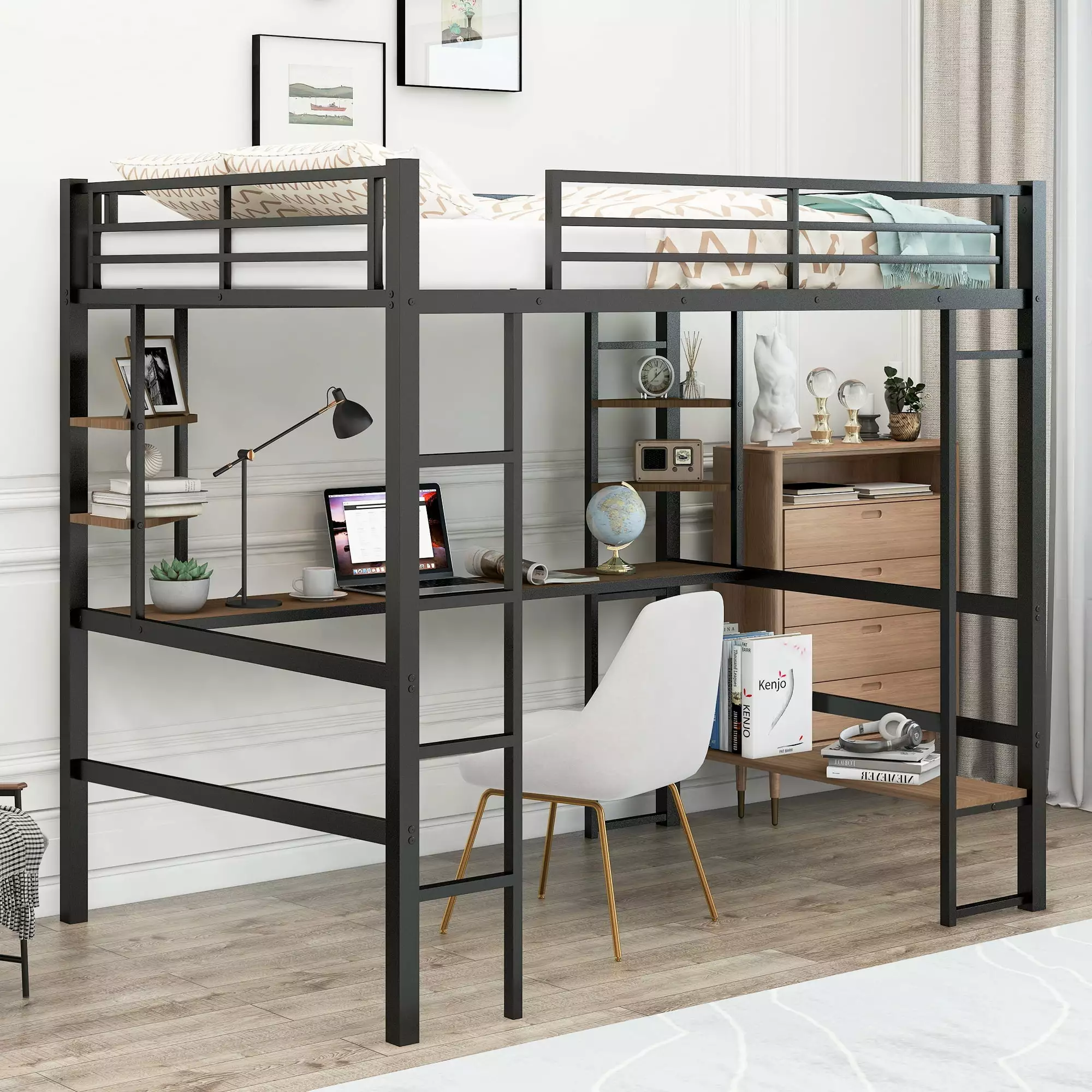 Euroco Full Size Metal Loft Bed Black MDF Study Desk and Shelves