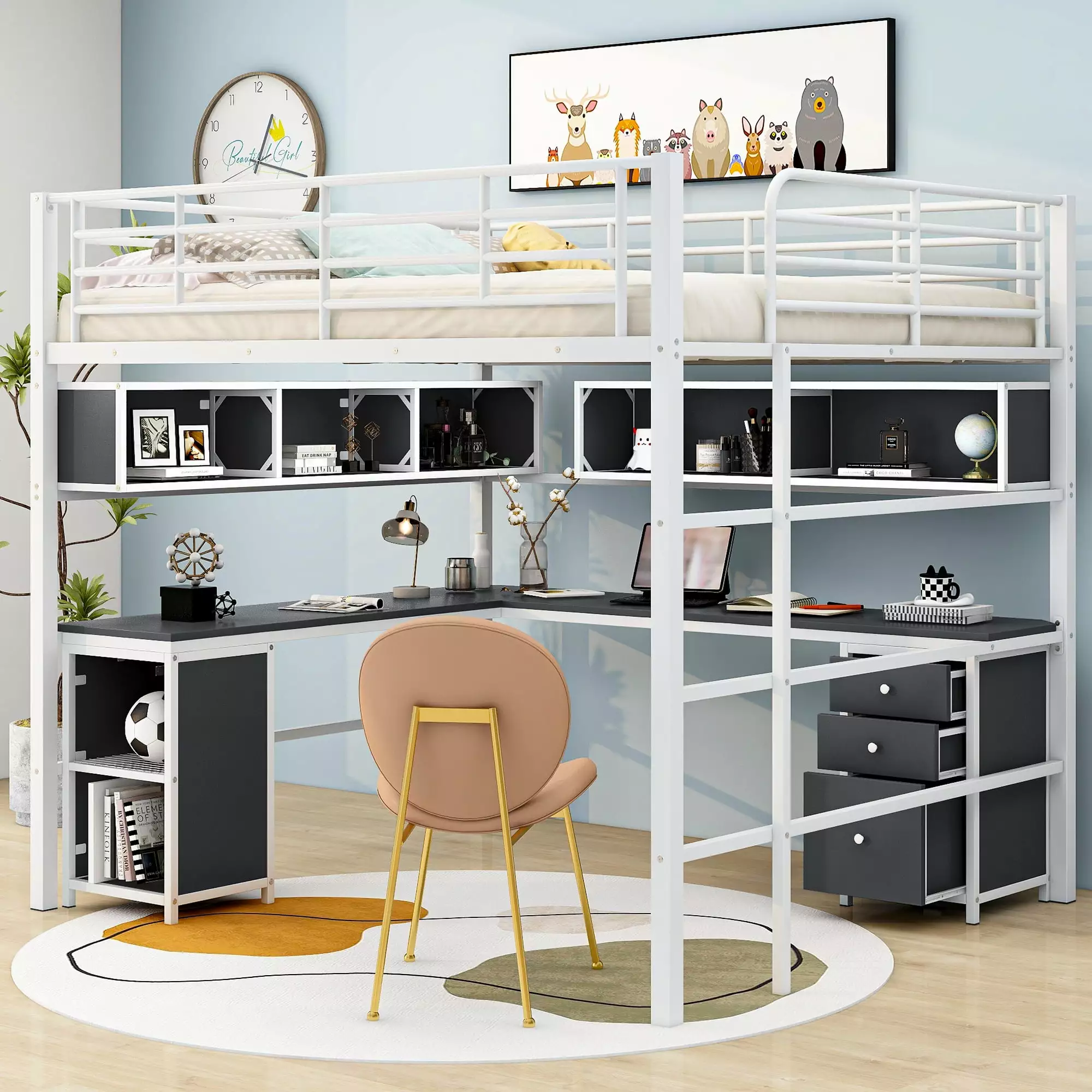 EUROCO Metal Full Size Loft Bed Desk Shelf and Cabinet Practical Storage Bed Bedroom White