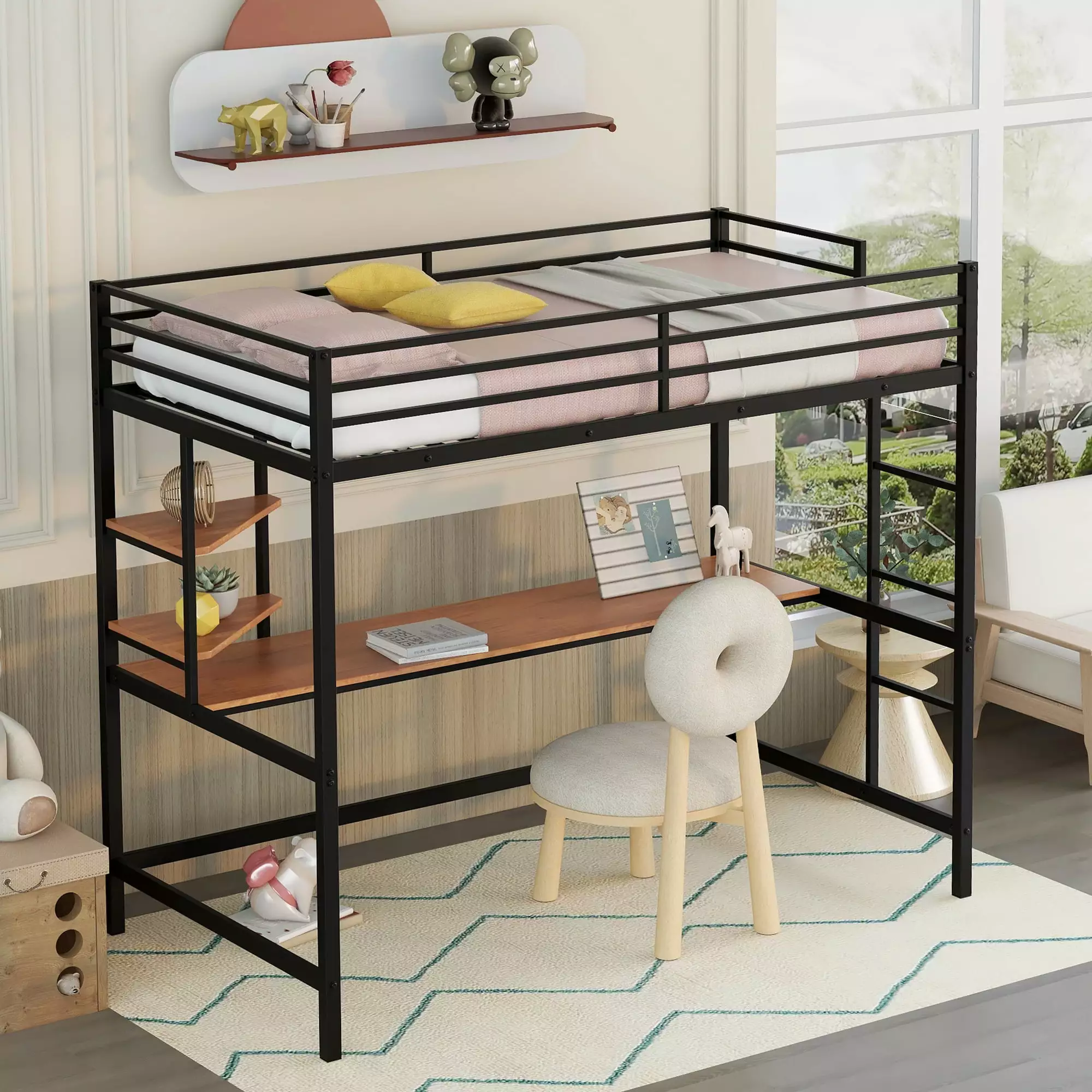 Gewnee Twin Heavy Duty Metal Loft Bed Frame Desk Shelves Ladder Guardrail Black
