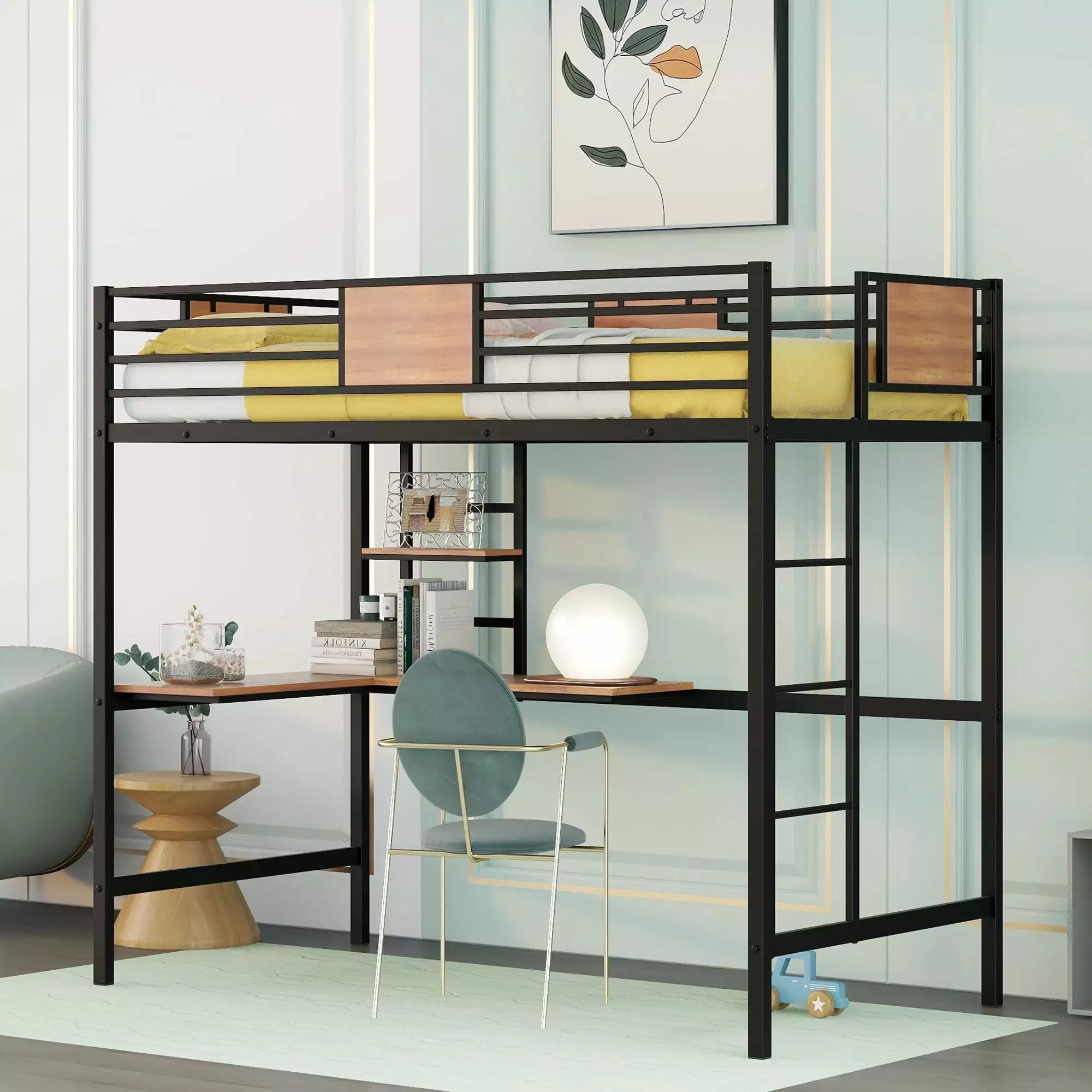 Gewnee Twin Metal Loft Bed L Shape Desk Shelves Kids Teens Black