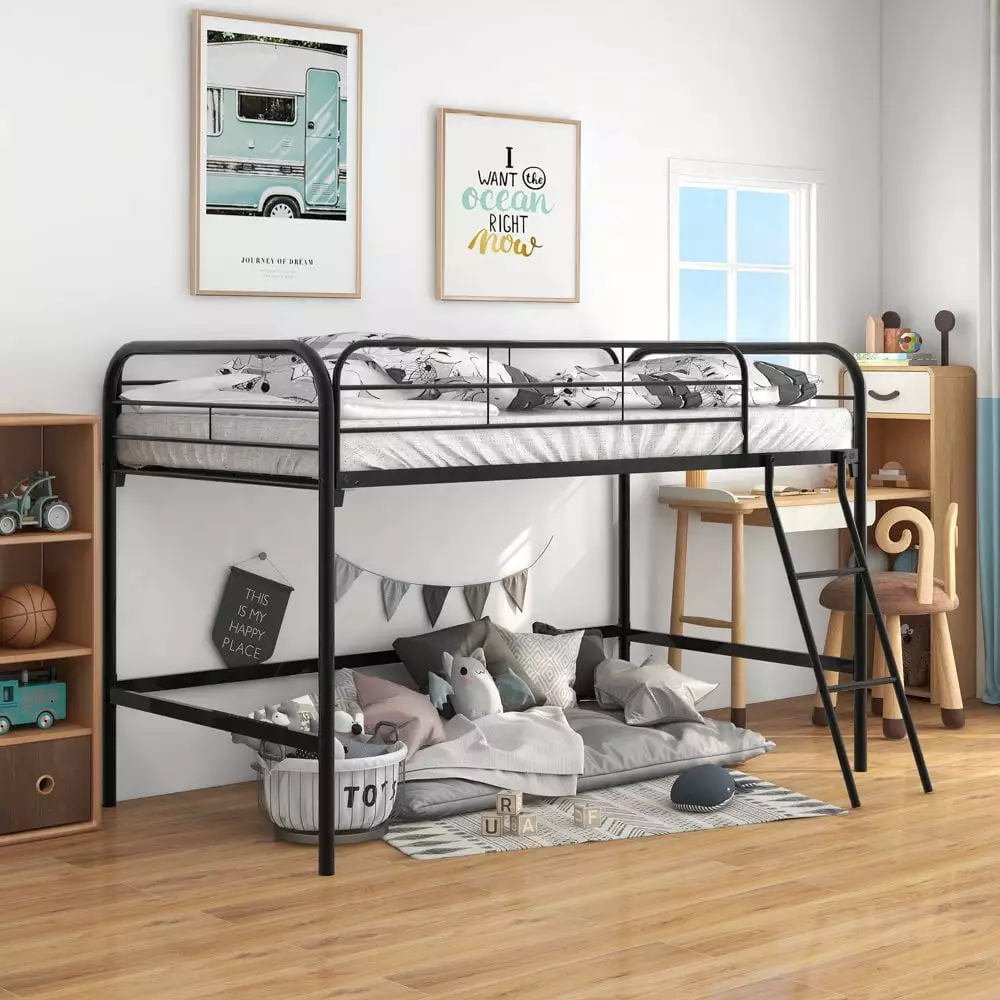 Hassch Modern Metal Low Loft Bed Twin Size Ladder Black