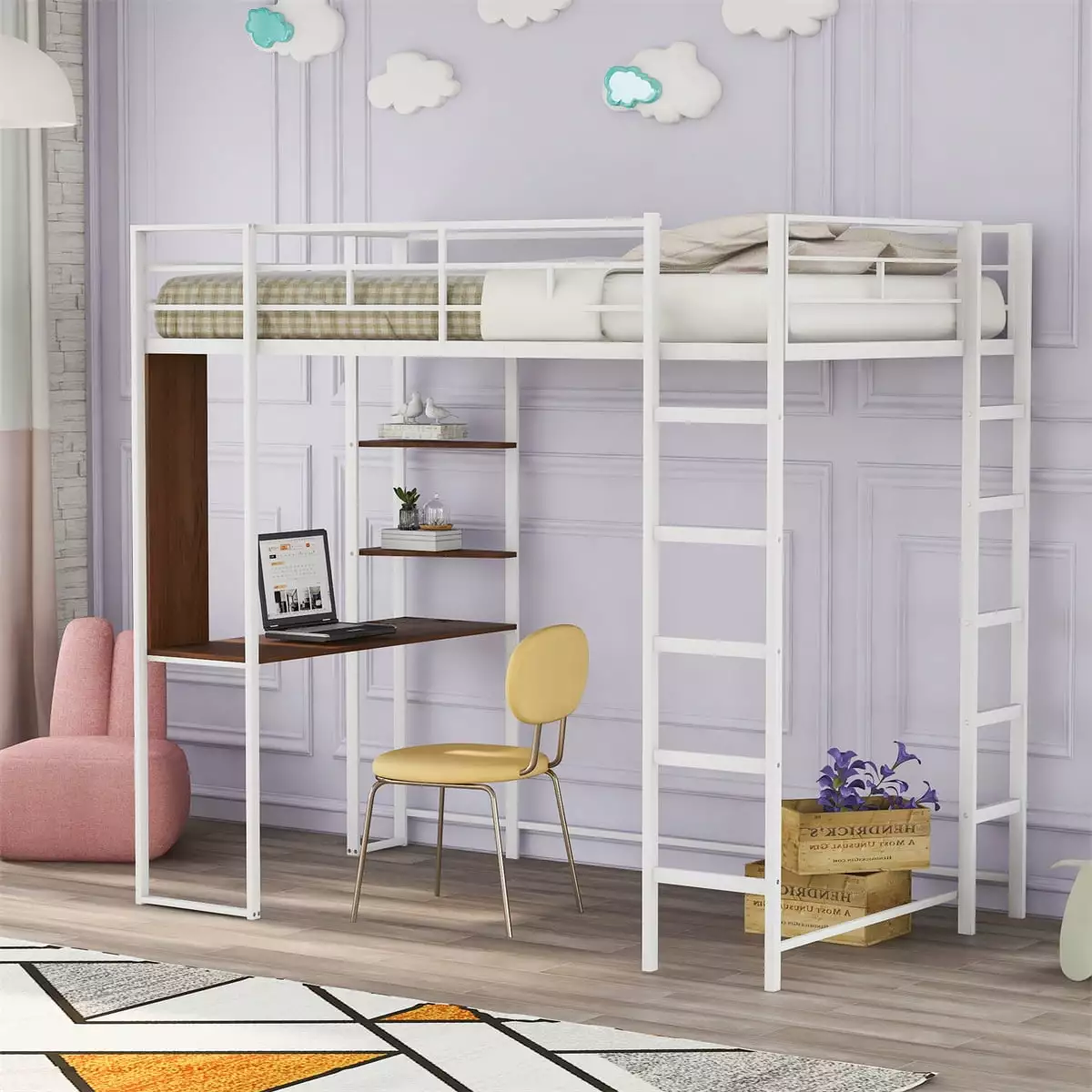 Twin Size Metal Loft Bed 2 Shelves and Built- Desk Kids Teens Adults White INCLAKE
