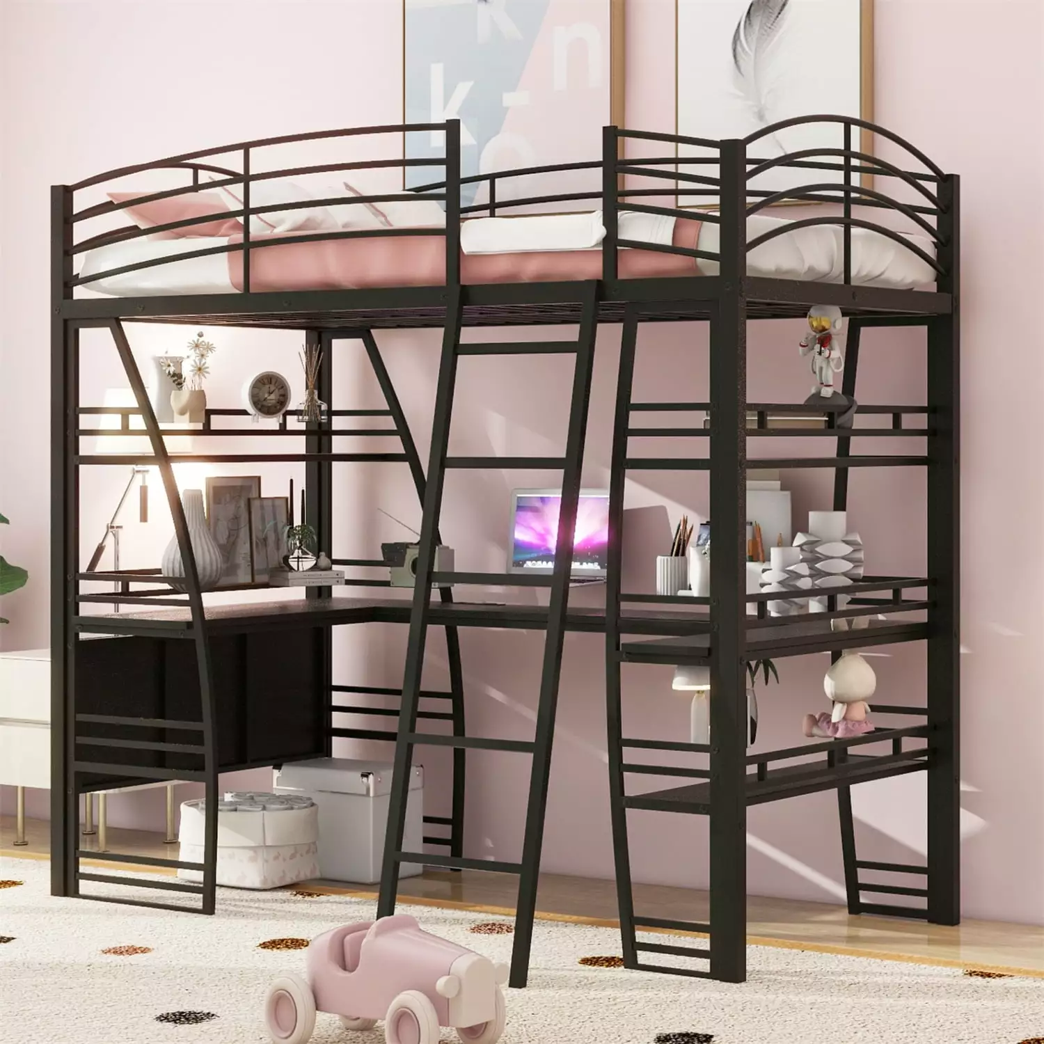 Twin Size Vintage Metal Loft Bed 4 Shelves, L-shaped Desk, USB Ports, and Wireless Charging - Black JINS & VICO