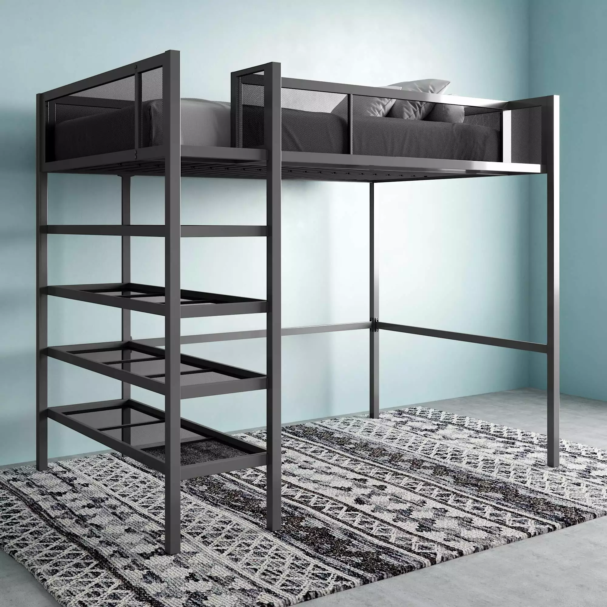 Black Metal Storage Loft Bed Book Case Twin Size Mainstays