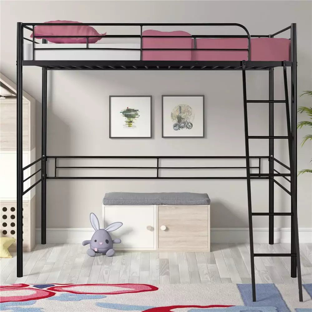 SEGMART Twin Heavy Duty Loft Bed Frame Ladder Guard Rails Kids Adults Teens Bedroom Dorm Space Saving Black