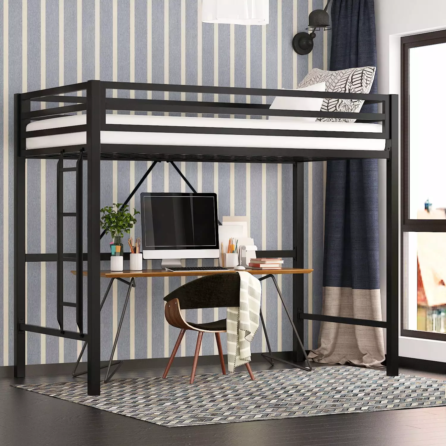 SHA CERLIN Black Twin Metal Loft Bed Removable Ladder and Safety Guard Rail