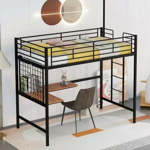 Metal Loft Bed Twin Size Desk Ladder Guardrails Space Saving Noise Free Juniors Adults White Triple Tree