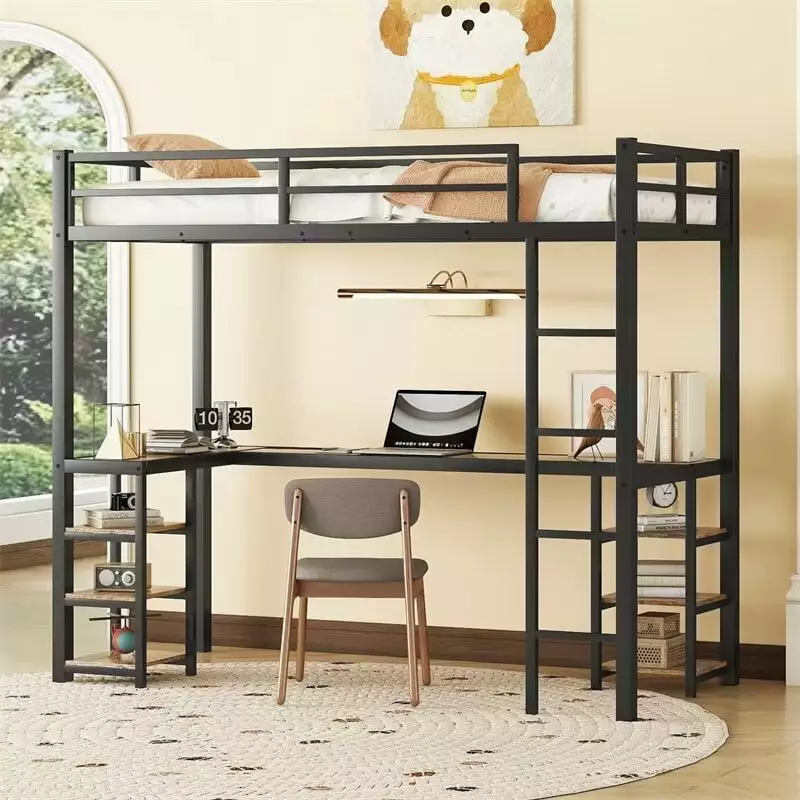 Twin XL Loft Bed Desk Shelves Metal Loft Bed Frame Ladder Guardrails Noise-Free Black Triple Tree