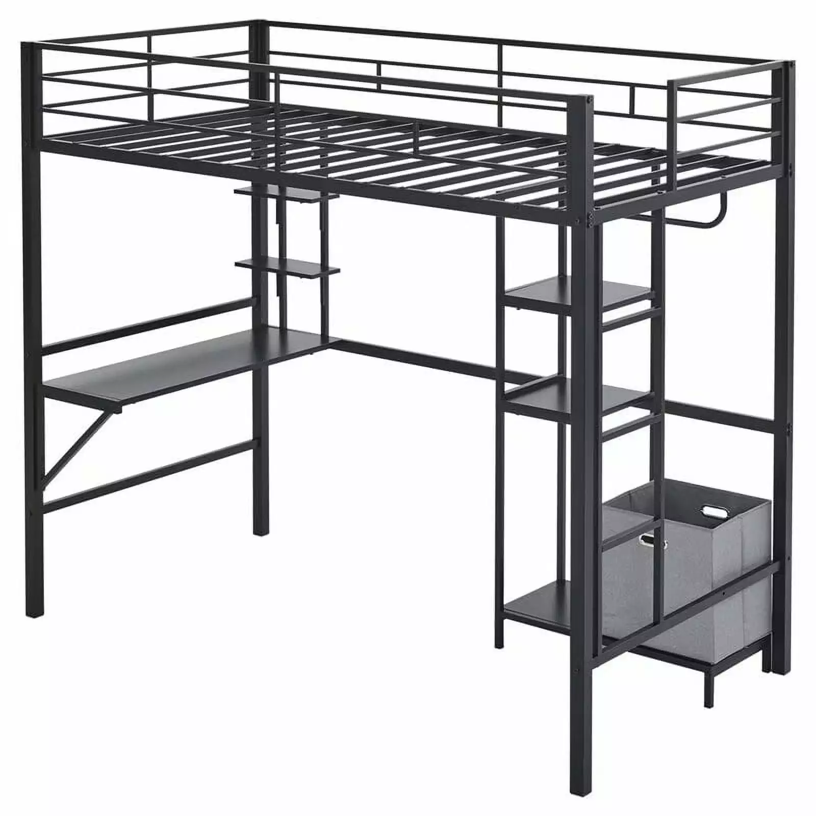 Twin Size Loft Bed Desk and Storage Shelves - Metal Loft Bed Frame Ladder and Guardrails Teens and Adults - Black Triple Tree