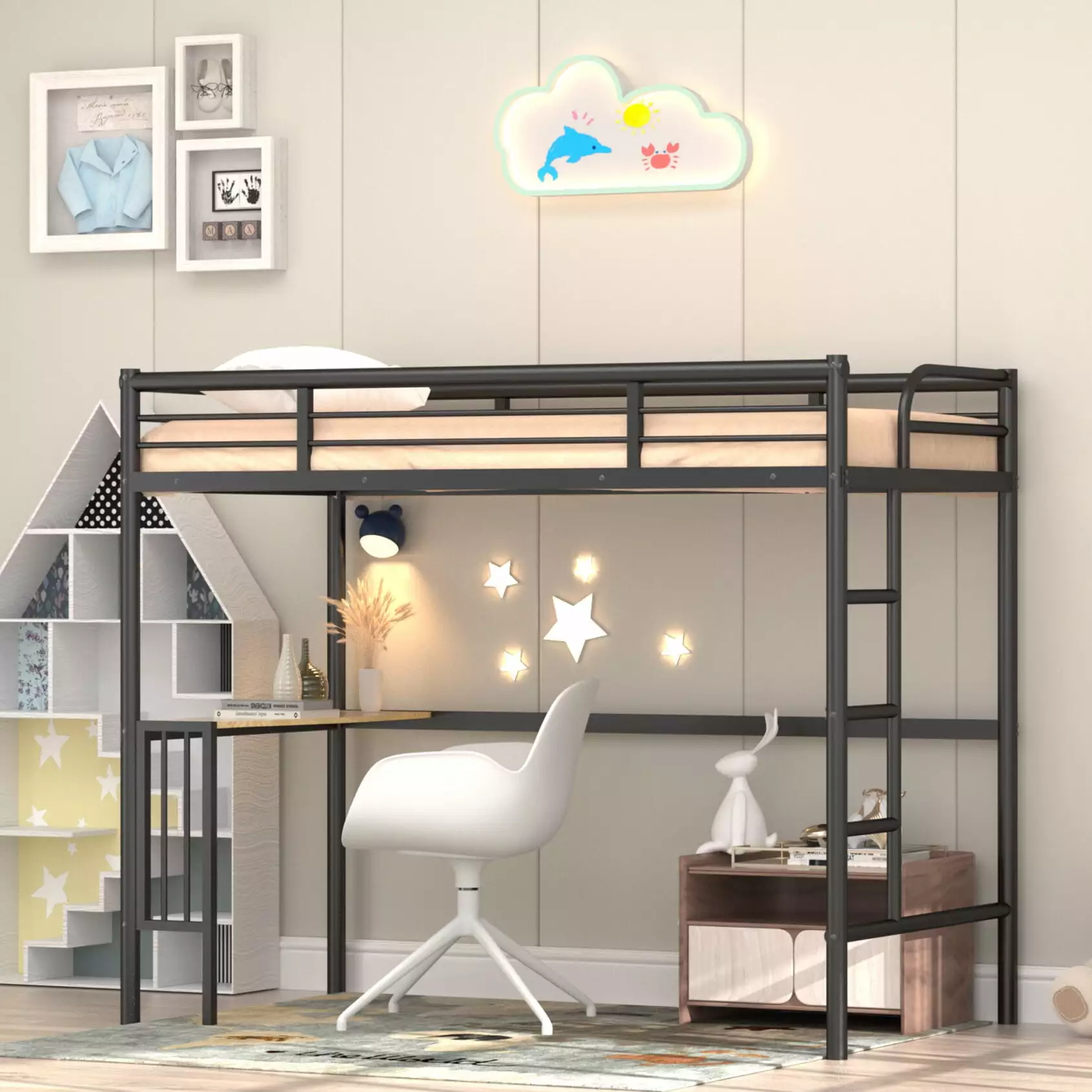 Twin Size Metal Loft Bed Multifunctional Twin Loft Bed Desk and Ladder Black Twin Size Loft Bed Frame Protectty Rail Guard...