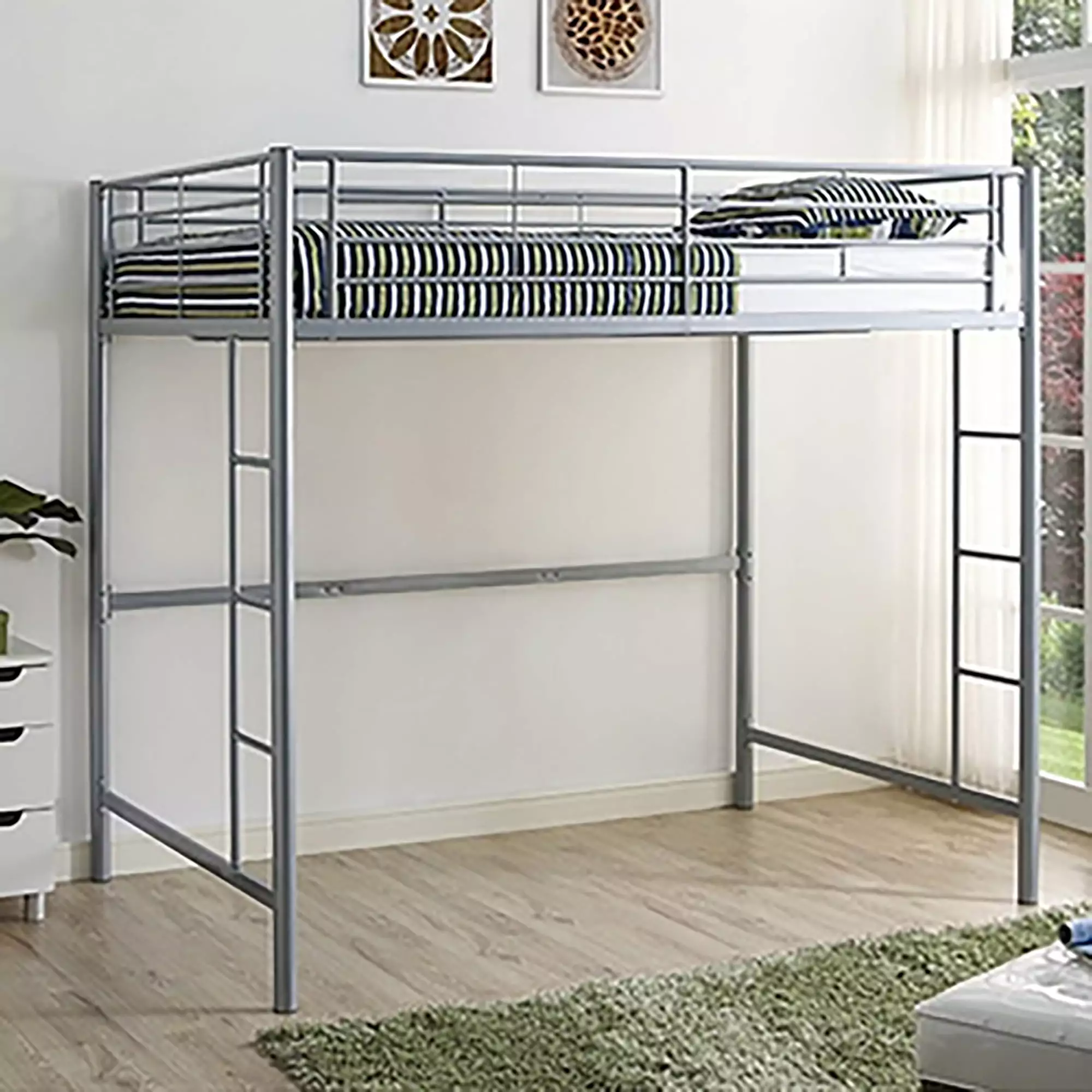 Walker Edison Full Size Luxury Metal Loft Bed Silver - Sturdy Loft Bed Teens and Adults