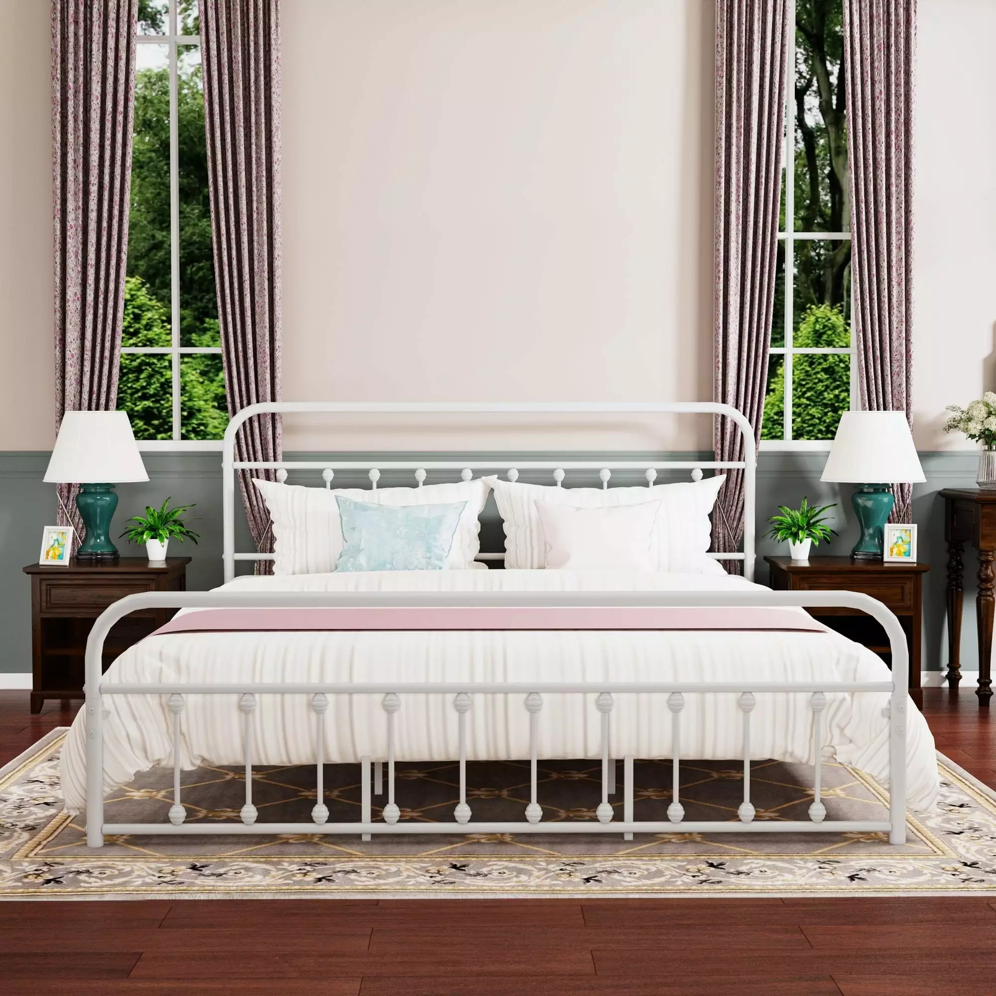 Alazyhome Simple Vintage King Metal Platform Bed Frame Easy Assembly White