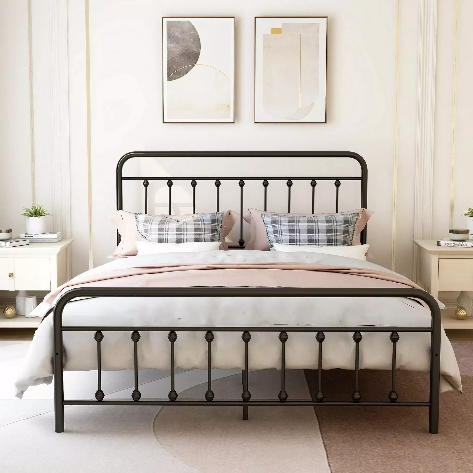 AUFANK Queen Size Platform Metal Bed Frame Foundation Heavy Duty Steel Slats Black Bed Frame Sturdy Support