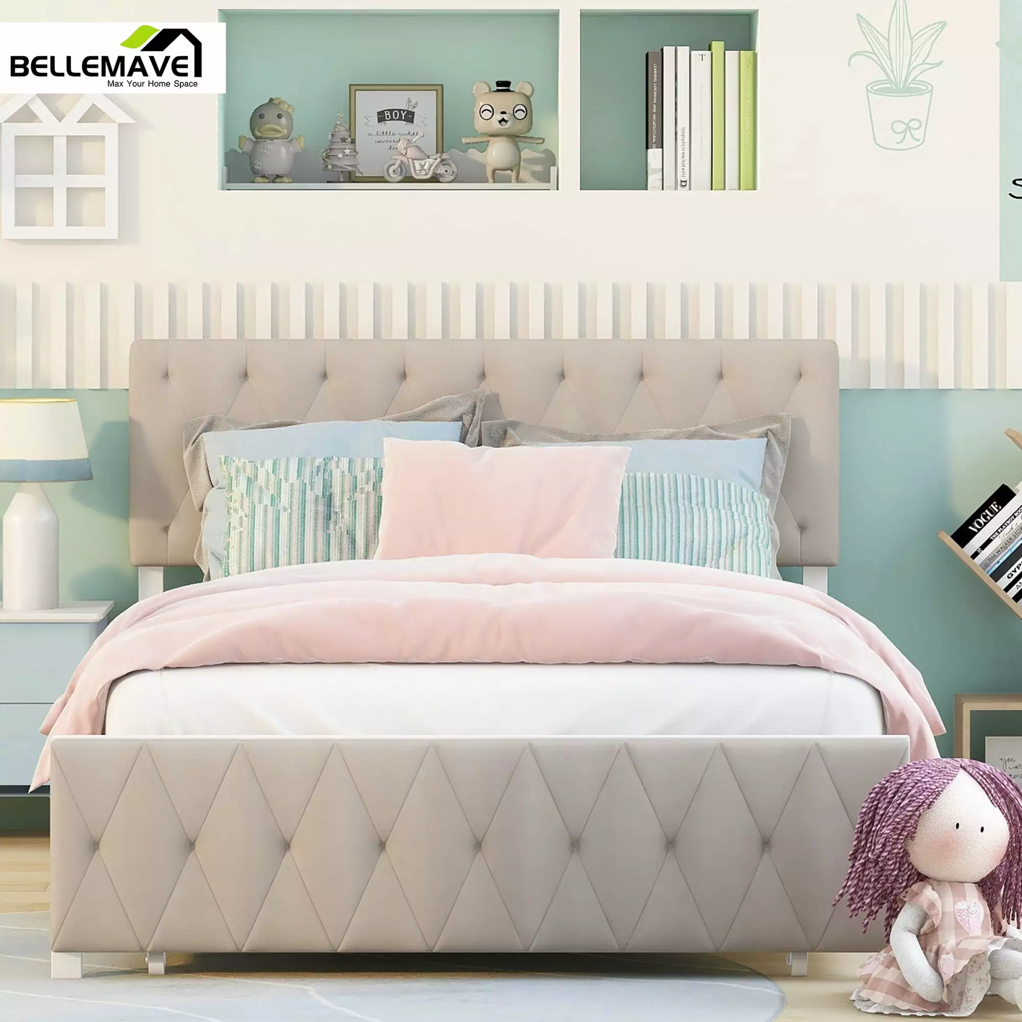 Bellemave Full Size Metal Platform Bed Frame Storage Drawer Tufted Upholstered Headboard Footboard Beige